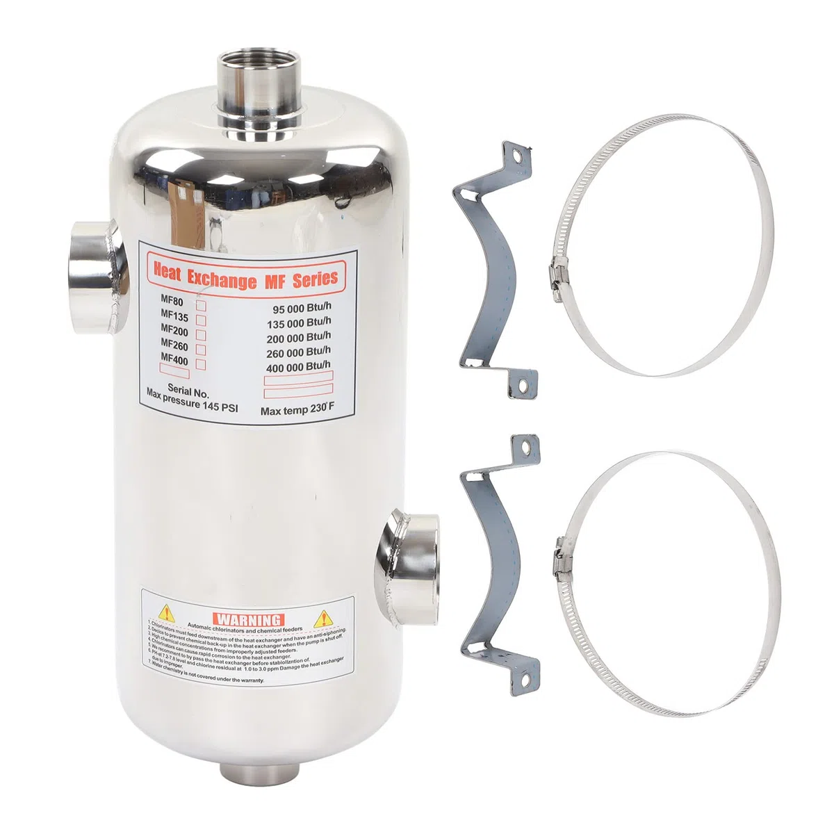 Fockety Scambiatore di Calore per Piscina, Scambiatore di Calore a Guscio Tubolare in Acciaio Inossidabile da 40 KW, Scambiatore di Calore Ad Acqua Salata per Spa, Vasca Idromassaggio