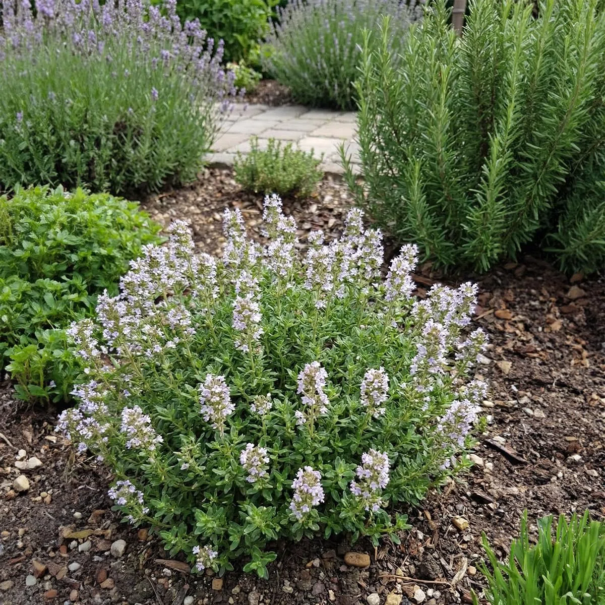 Bloomique - Set di 6 - Thymus vulgaris - Timo vero - Resistente all'inverno - Piante da balcone - Piante aromatiche - Profumate - Altezza 10-20 cm - Vaso 9 cm