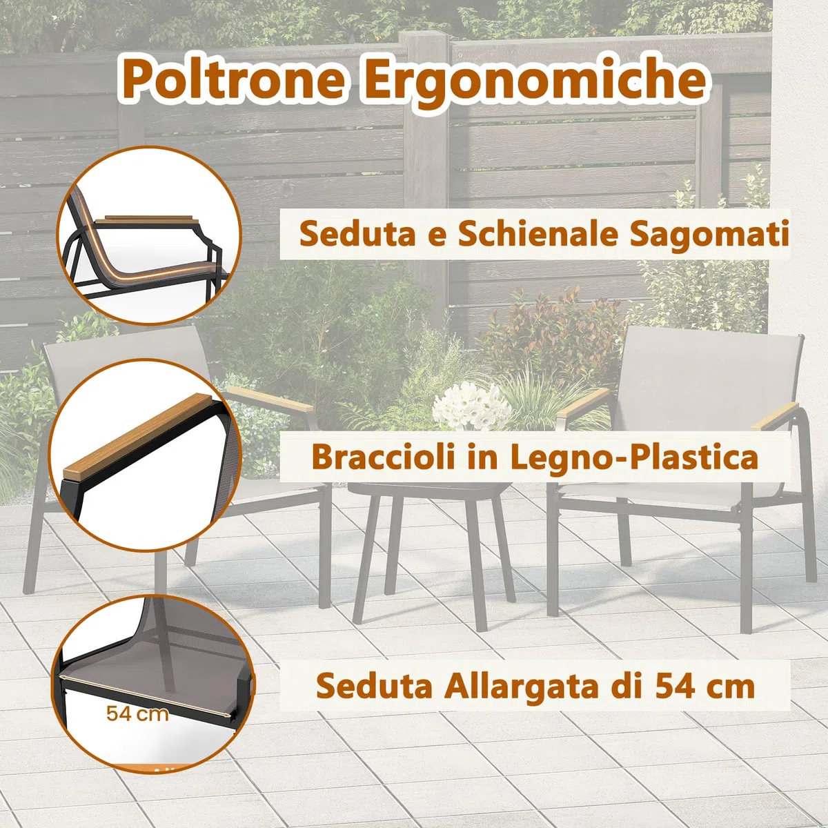 RELAX4LIFE Tavolo da Giardino con Sedie, Tavolino Salotto con Piano in Vetro Temperato e 2 Poltrona Moderne in Tessuto Traspirante, Set Bistrò 3 Pezzi per Terrazza/Patio/Balcone, Portata 150KG+50KG