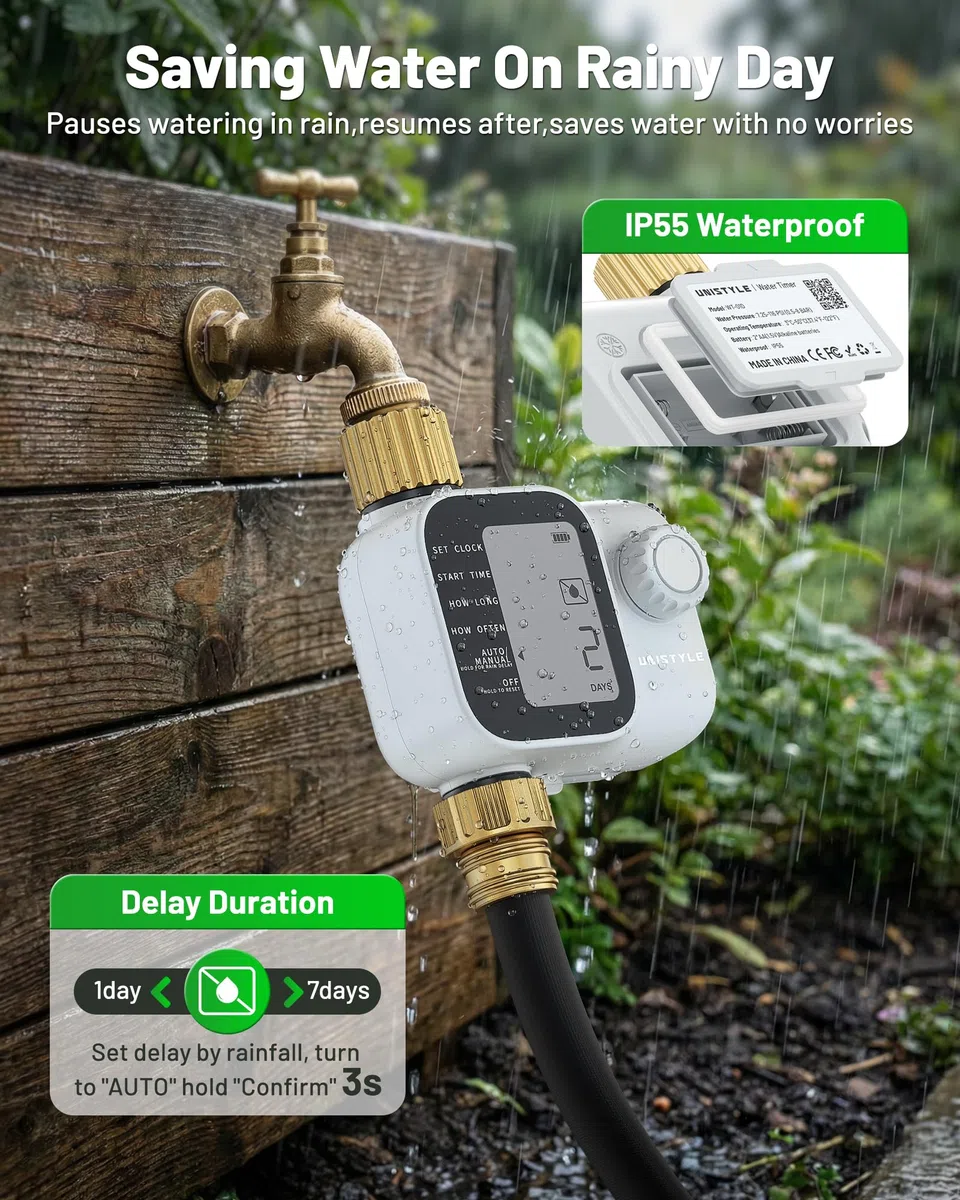 Unistyle Timer per irrigazione con ingressi in ottone, timer programmabile per acqua per tubo da giardino, timer impermeabile IP55 con timer di irrigazione manuale e automatico per cortile e prato