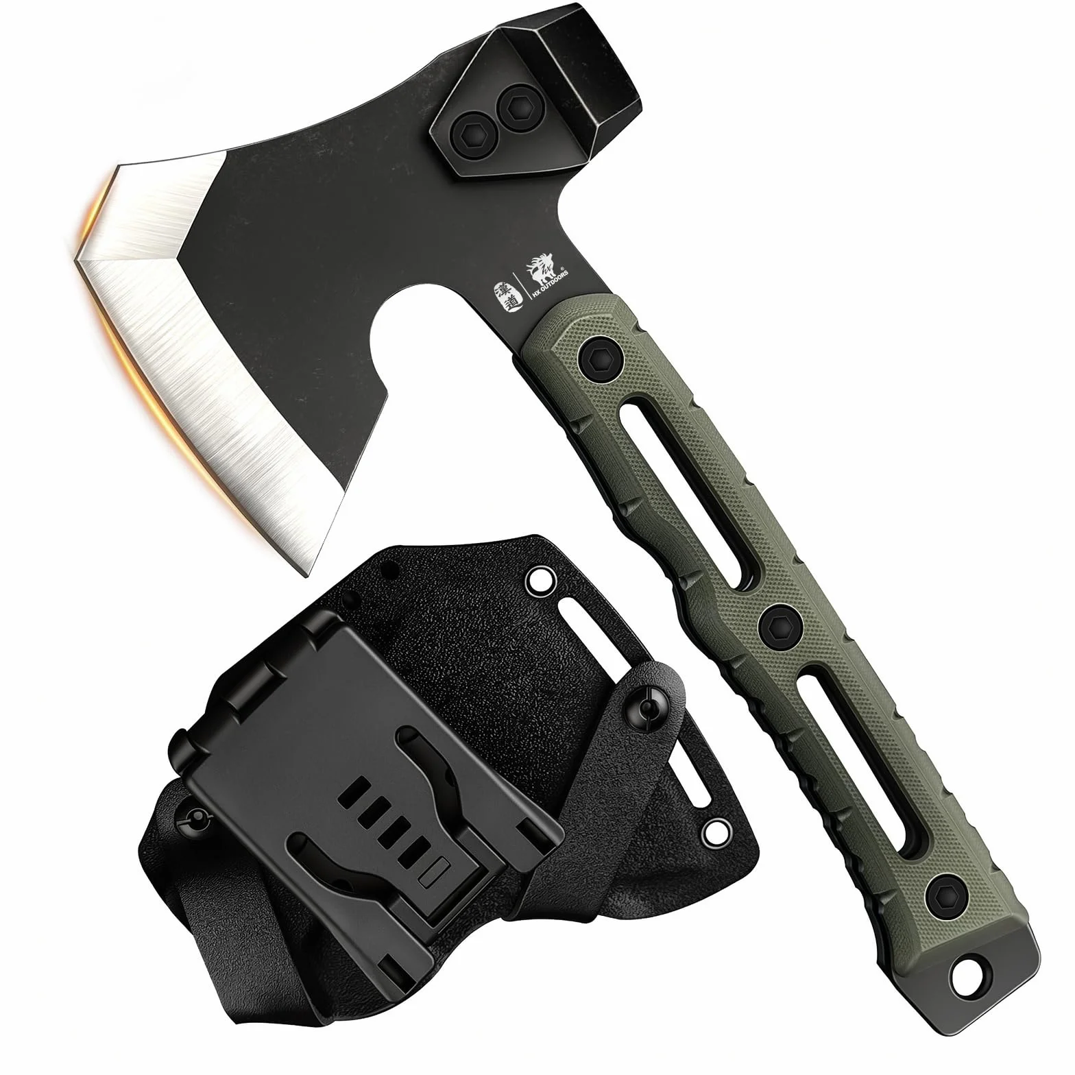HX OUTDOORS Ascia Multifunzionale, Piccola Tattica da Sopravvivenza per Campeggio, Piccolo Ascia da Bushcraft con Martello e Fodero in Kydex (Verde Militare)