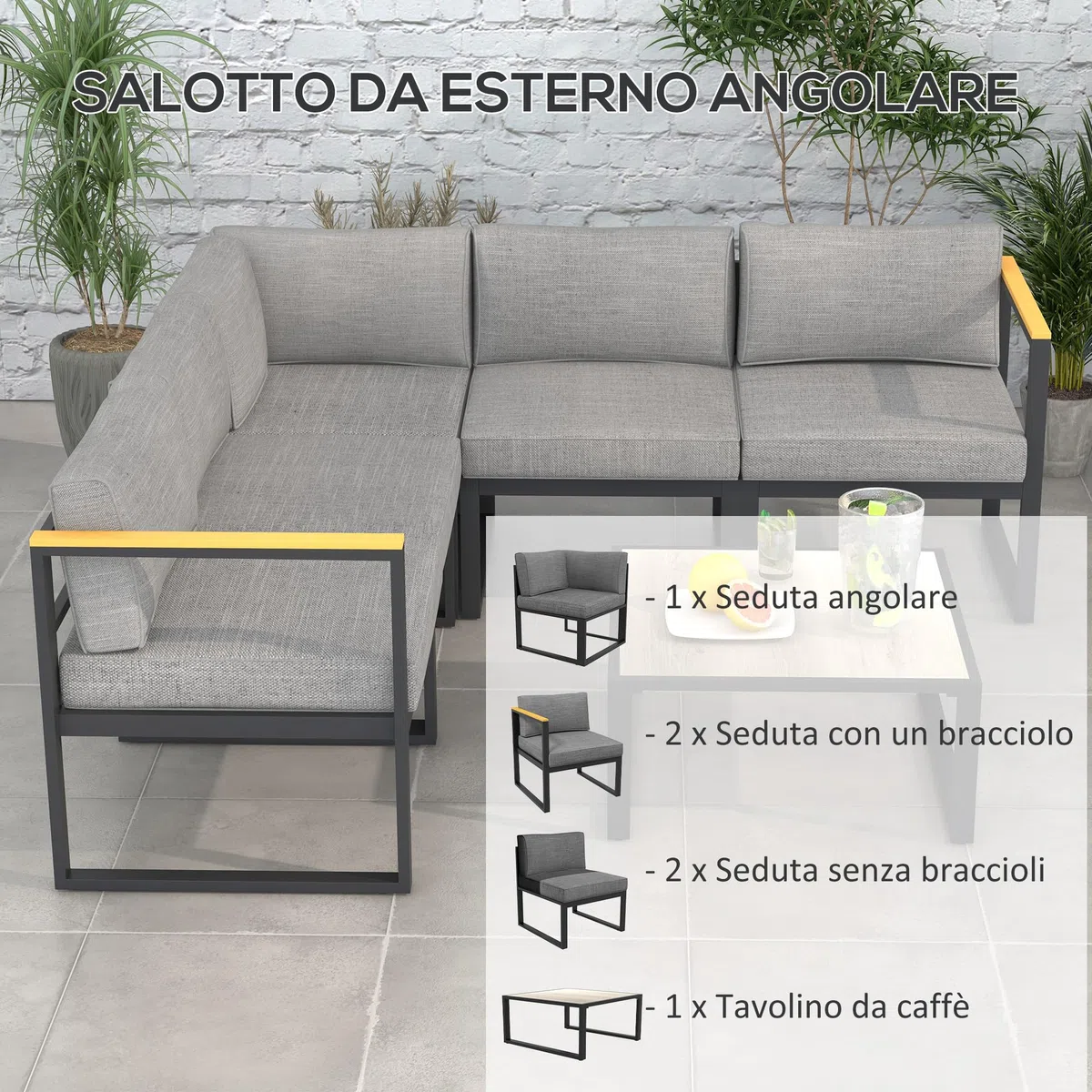 Outsunny Salotto da Giardino con Divano e Tavolino, Set 6 Pezzi in Alluminio con Cuscini Imbottiti, Tavolino con Piano Effetto Legno, Grigio