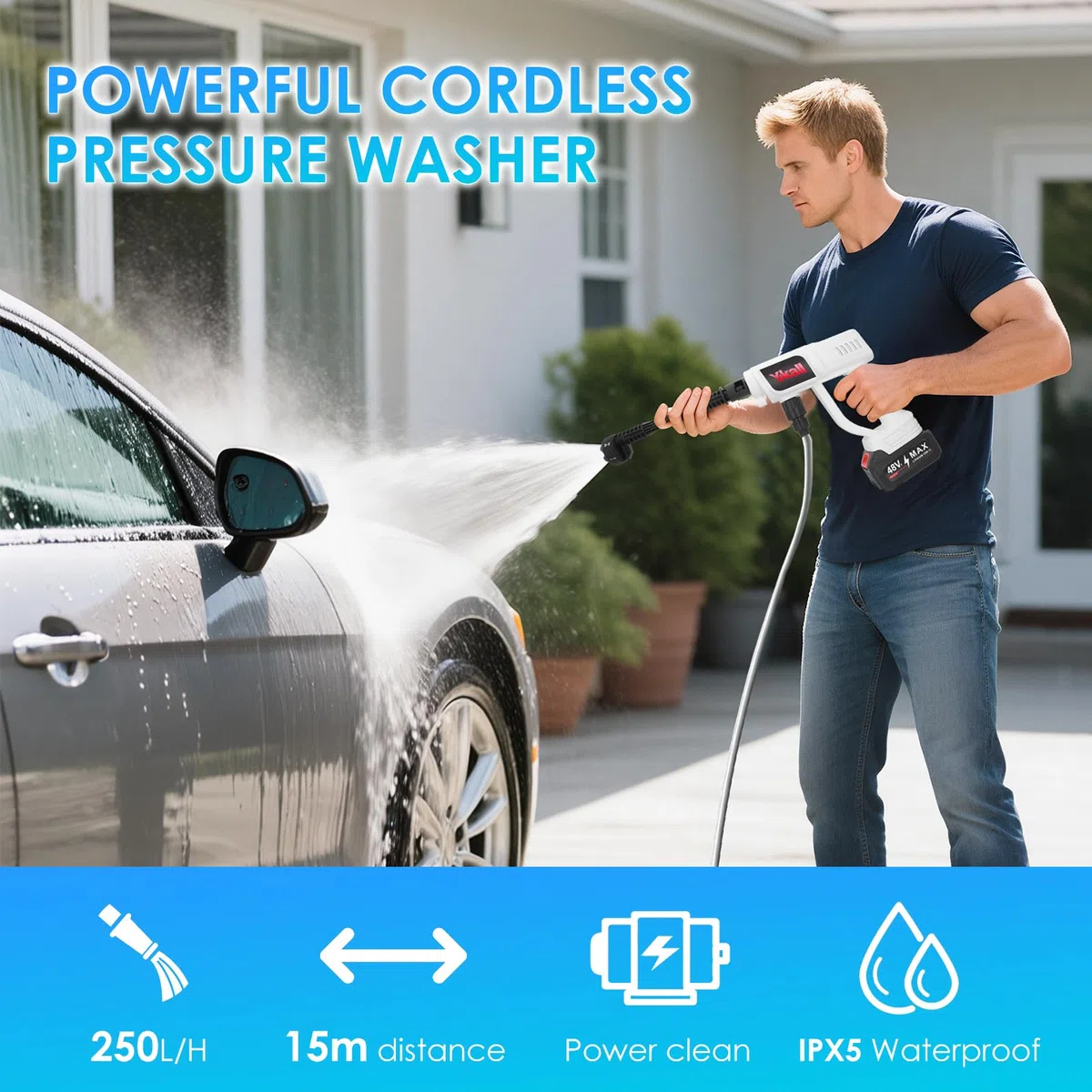 Idropulitrice a Batteria Portatile con 2 Batterie, 6-in-1, Tubo 5M | Perfetta per auto, giardino, pavimenti e esterni. Pressione regolabile, versatile e facile da usare ovunque.