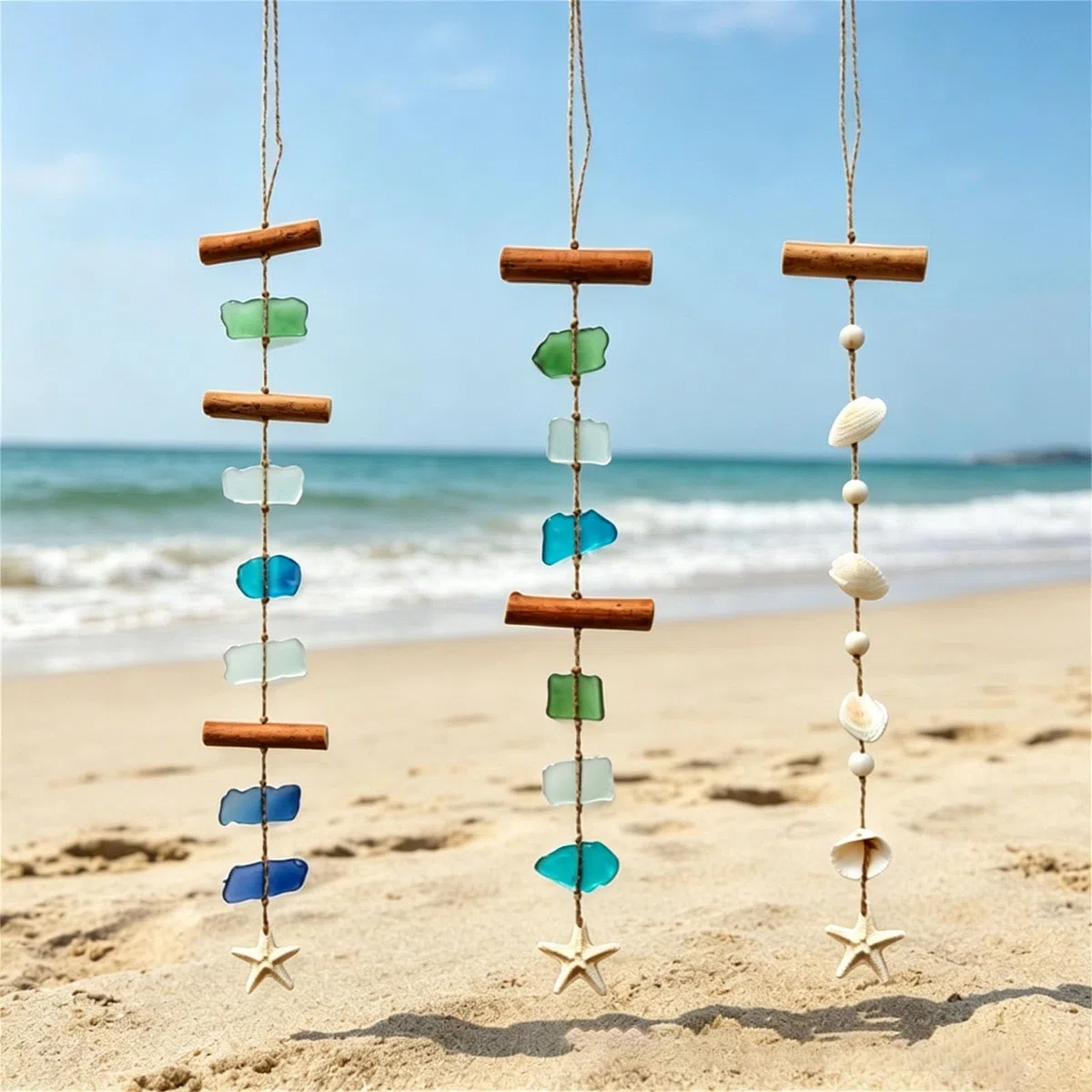 Conchiglie artistiche in vetro di mare e bastone di legno scacciapensieri costieri decorazione da parete per veranda patio decorazione scacciapensieri a tema spiaggia