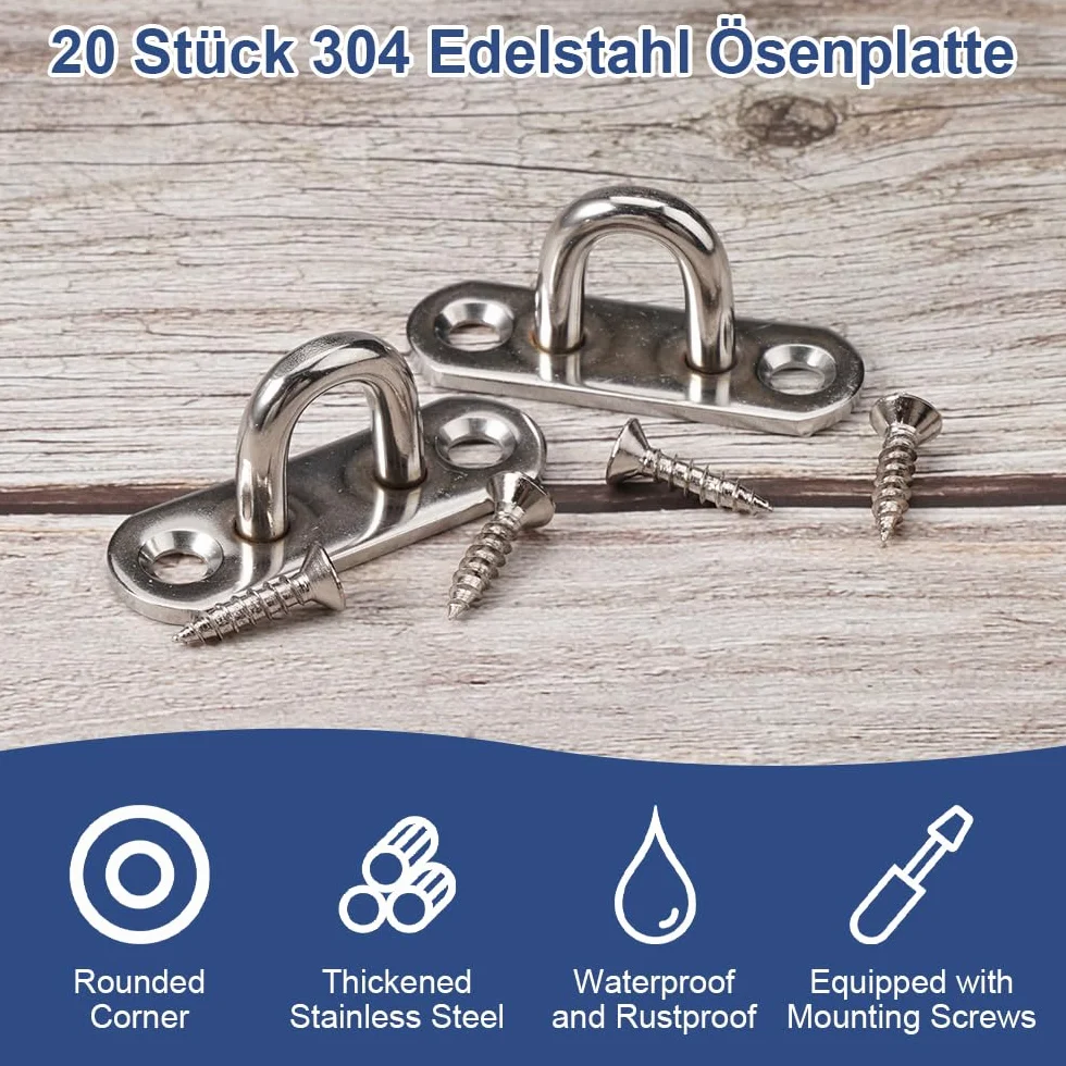 20 Pezzi M5 Piastra Ad Occhiello in Acciaio Inox, Placca Occhiello in 304 con Vite, Occhielli Inox a U, Robusta M5 Gancio per Piastra Oculare per Swing, Amaca, Aerial Yoga, Parasole, Appendere Oggetti