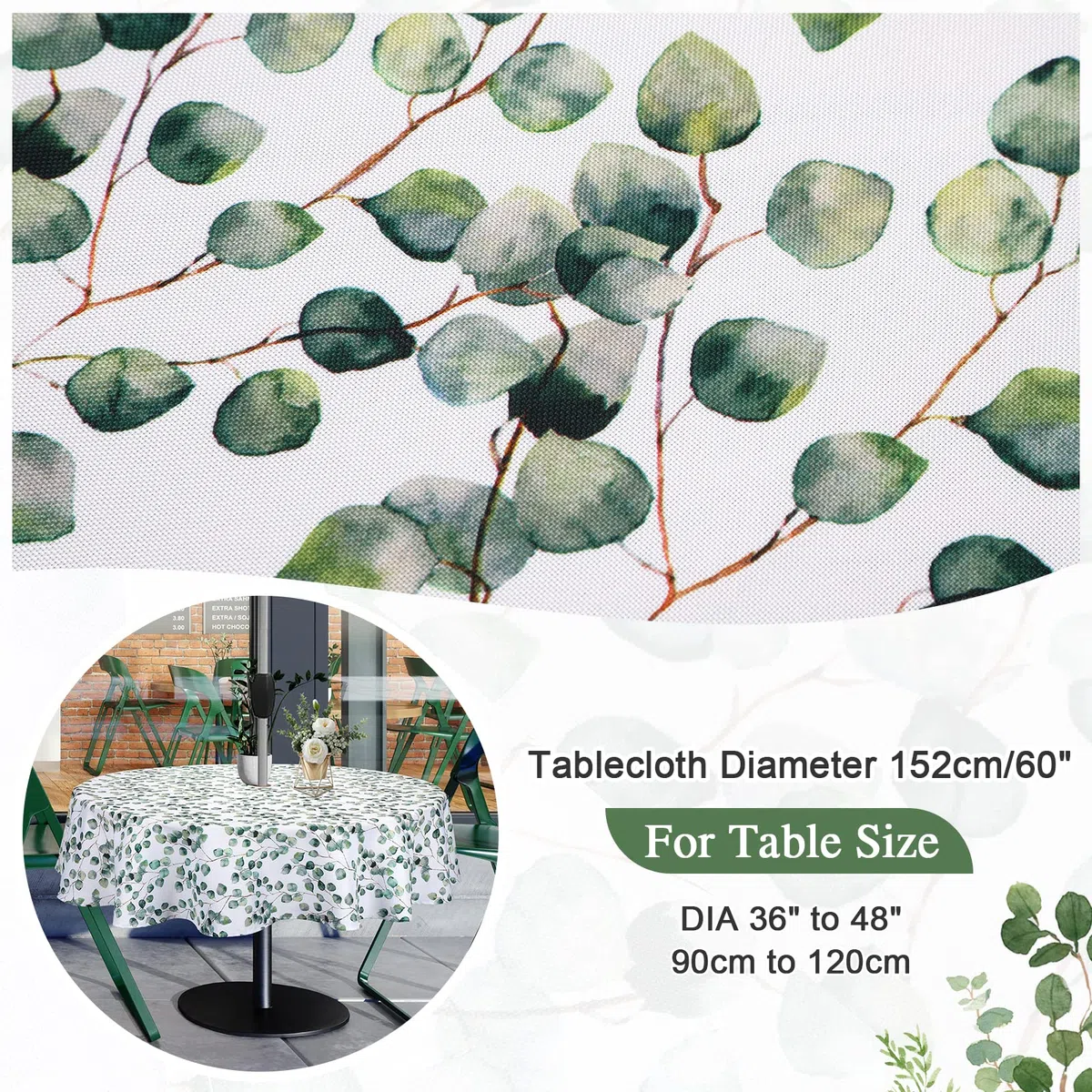 Qucover Tovaglia rotonda da esterni, 180 cm, in poliestere, motivo a foglie, lavabile, con foro per ombrellone e cerniera, per tavolo da giardino, barbecue, riunioni di famiglia, feste