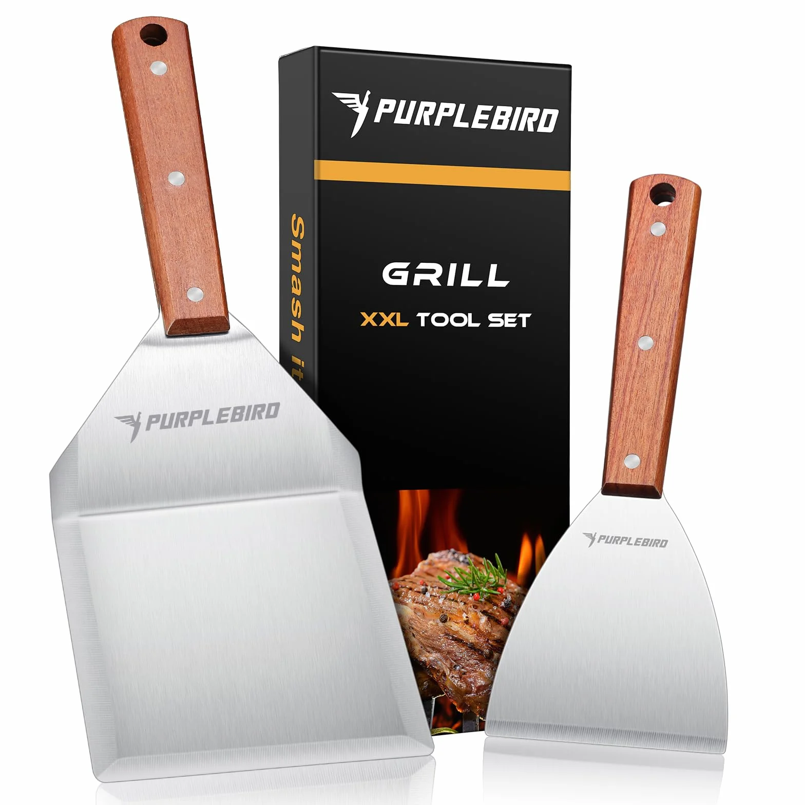 PURPLEBIRD Set di Spatole per Griglia in Acciaio Inossidabile, Set di Spatole per Plancha con Grande Spatola per Grigliare per Hamburger Schiacciati, Regali per Grigliate per Uomo