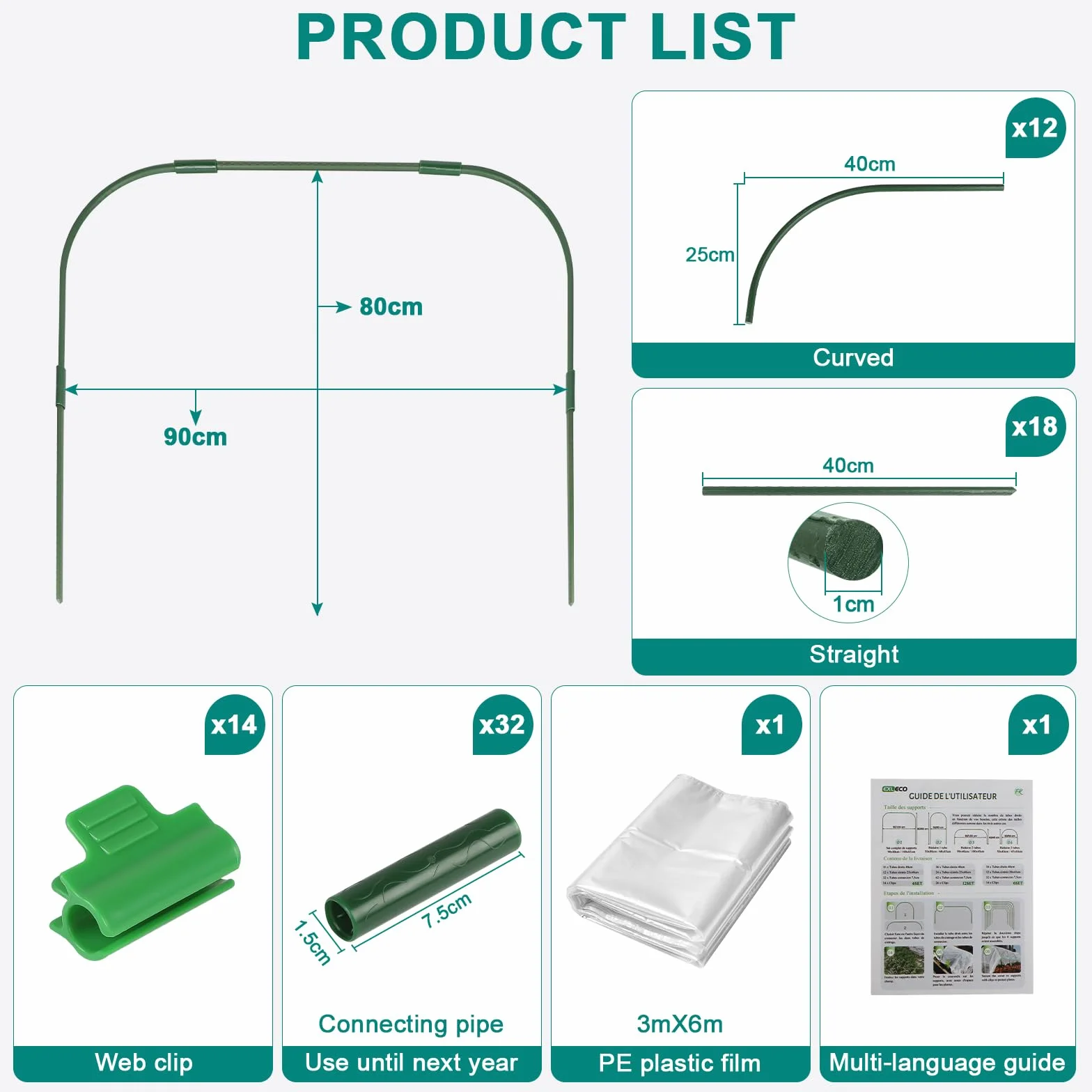 EXLECO 6Pcs Archi per Serra Orto Tunnel 80x90cm per Piante con Clips e PE Protettivo Cerchi da Giardino per Serra Coperture a Tunnel Cerchi per Serre Tunnel per Piante da Giardino per Copertura Frutta
