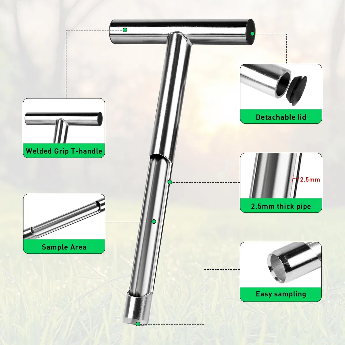 Sonda per terreno 30 cm in acciaio inox 2.5 mm - Prelievo a T con 2 sacchetti riutilizzabili per giardino, fattoria, prato