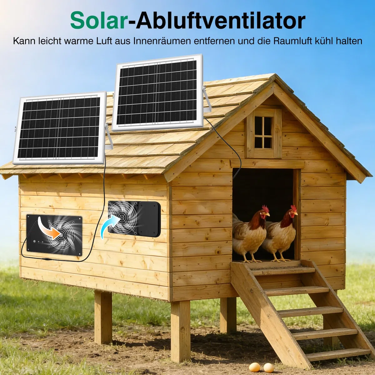 Ventilatore solare con batteria da 15000 mAh e timer, 25 W, 3500 giri/min, ventola di scarico solare ad alta velocità, silenziosa e impermeabile, per pollaio, serra, capanno e casa di animali
