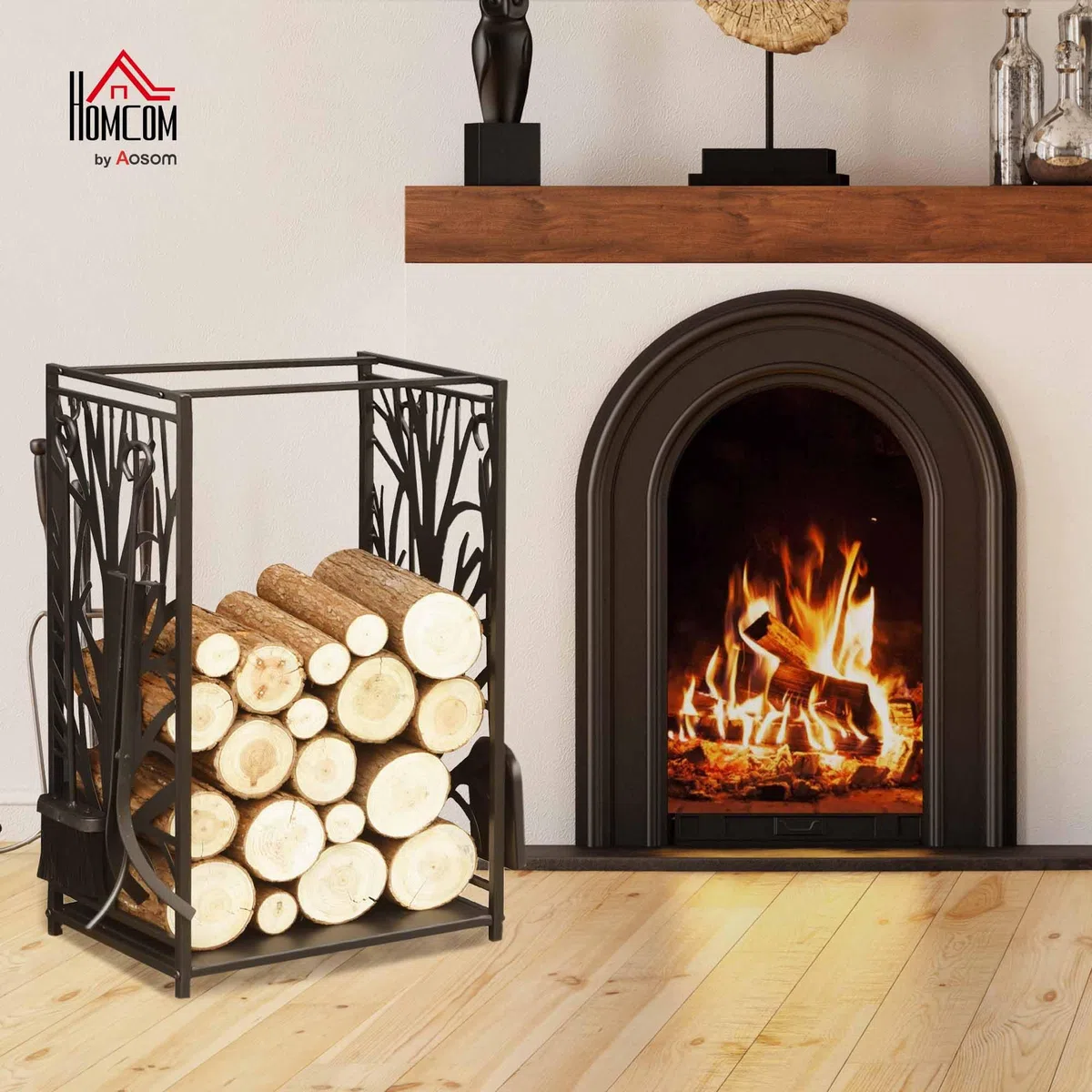 HOMCOM Potalegna per Camino in Acciaio e Antiruggine, Porta Legna per Interni ed Esterni con Design Elegante e 4 Attrezzi, 46x30x70 cm, Nero