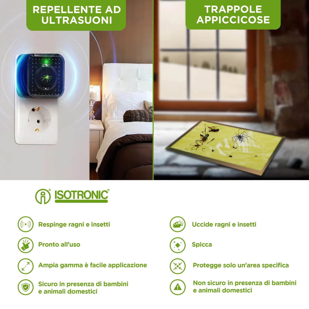 ISOTRONIC – Dispositivo repellente per ragni a ultrasuoni da collegare alla presa elettrica per scantinati e interni – Repellente per ragni con un raggio d'azione effettivo di 30 m² (5 pezzi)
