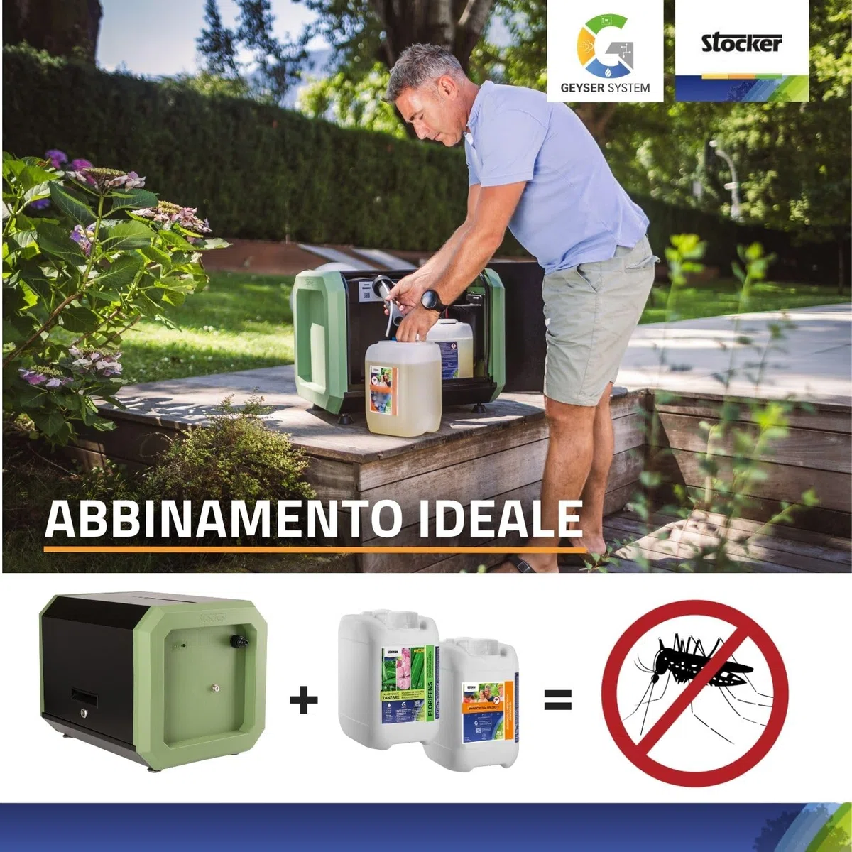 STOCKER - Kit Geyser Pro Completo 41502 - Sistema Antizanzare Automatico WiFi 240W 12 Bar, Copertura fino a 970 m² Estendibile a 3600 m², 125 m Tubo, 10 L Liquidi, Alimentazione 220V