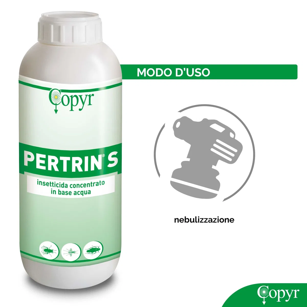 Copyr Pertrin S - Insetticida Antizanzare, Mosche, Scarafaggi, Blatte, Insetti Striscianti, Volanti - Repellente Zanzare Liquido, Uso Professionale e Domestico, Effetto Abbattente Snidante, Flacone 1L