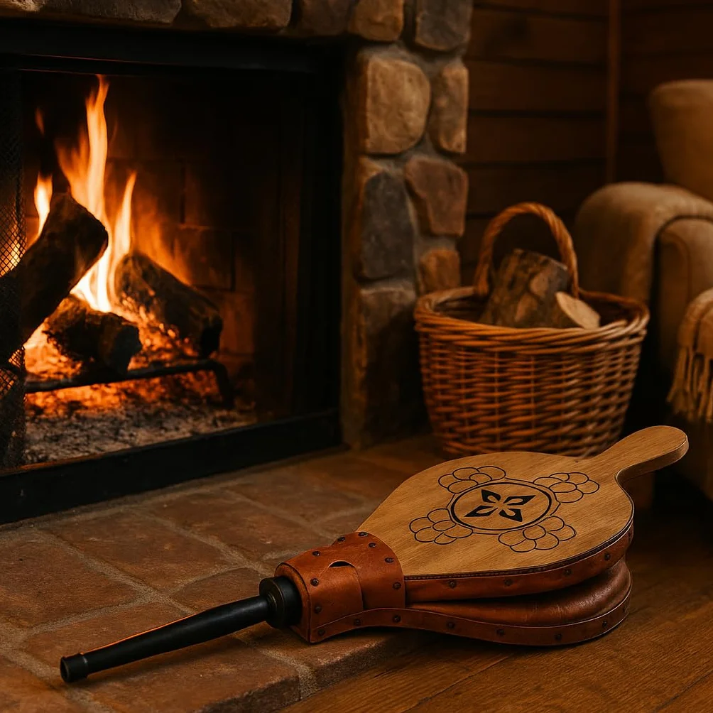 Soffietto per Camino e Barbecue - Soffietto Manuale per Camino - Soffiatore Barbecue - Camino in Legno Naturale - Soffietto per Camino a Legna - Porta Soffietto in Legno - 43 cm