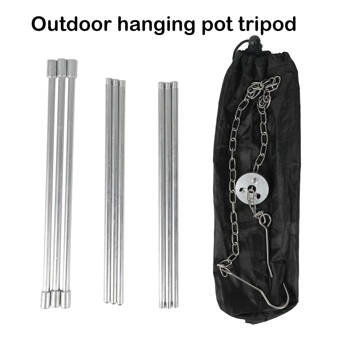 Treppiede per barbecue, telaio telescopico a tre zampe, per cucinare all'aperto, set di treppiedi pieghevole per falò, griglia per campeggio, barbecue sospeso, campeggio con catena e gancio