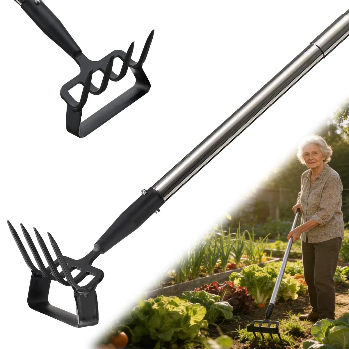 Zappa da giardino per diserbatura, strumento per zappa con supporto per giardino con anello regolabile, manico lungo 157 cm, argento, regolabile, per diserbo