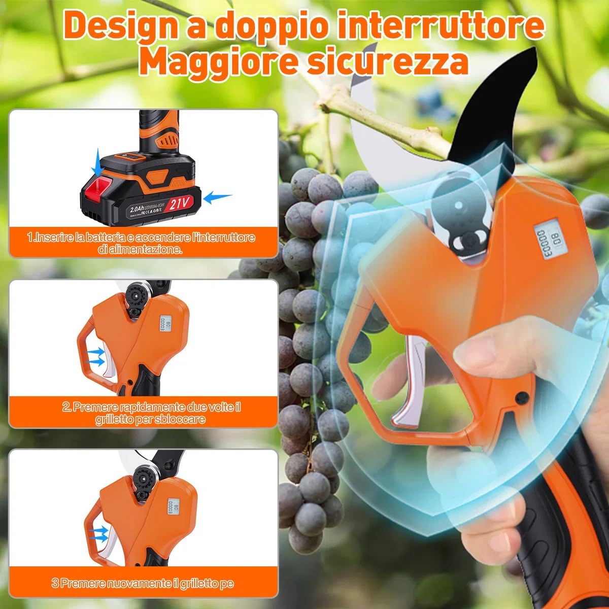 Forbici Potatura Elettriche 40mm con Batteria 2 *2000mAh, Funzionano Ininterrottamente per 6-7 Ore, Adatte per Frutteto, Giardino e Fattoria