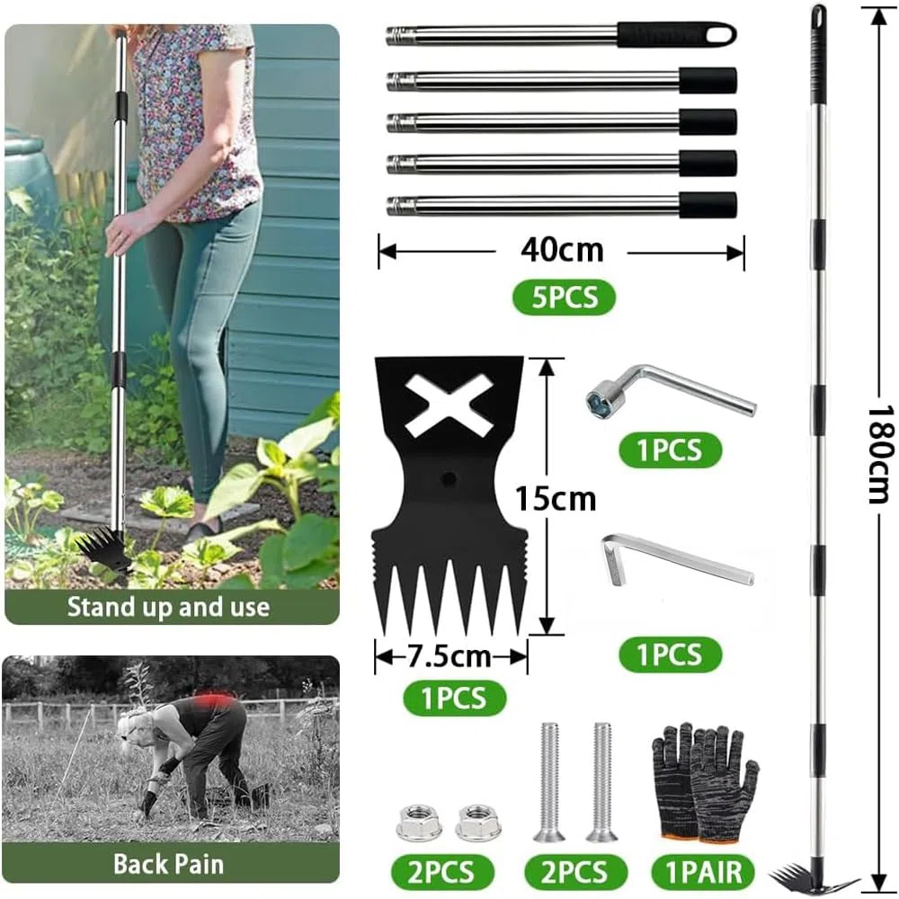 Estirpatore Erbacce con Manico Lungo 180 cm, Strumento da Giardinaggio 2 in 1, Strumento per Rimuovere le Erbacce con Manico Lungo, per Erbacce e Zappa da Giardino, Resistente, per Cortile, Prato