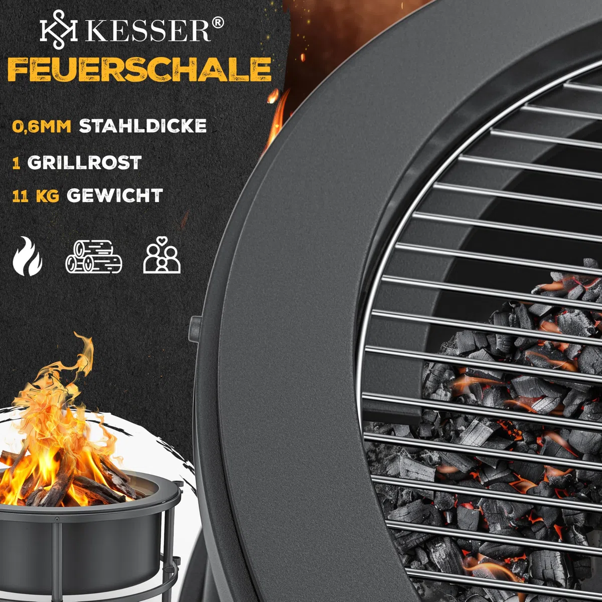 KESSER Braciere con griglia Ø 65 cm, braciere 0,6 mm, in acciaio raffinato a freddo, con pneumatici, braciere in legno e carbone con gancio in ghisa, diametro 52 cm, spazzola e copertura