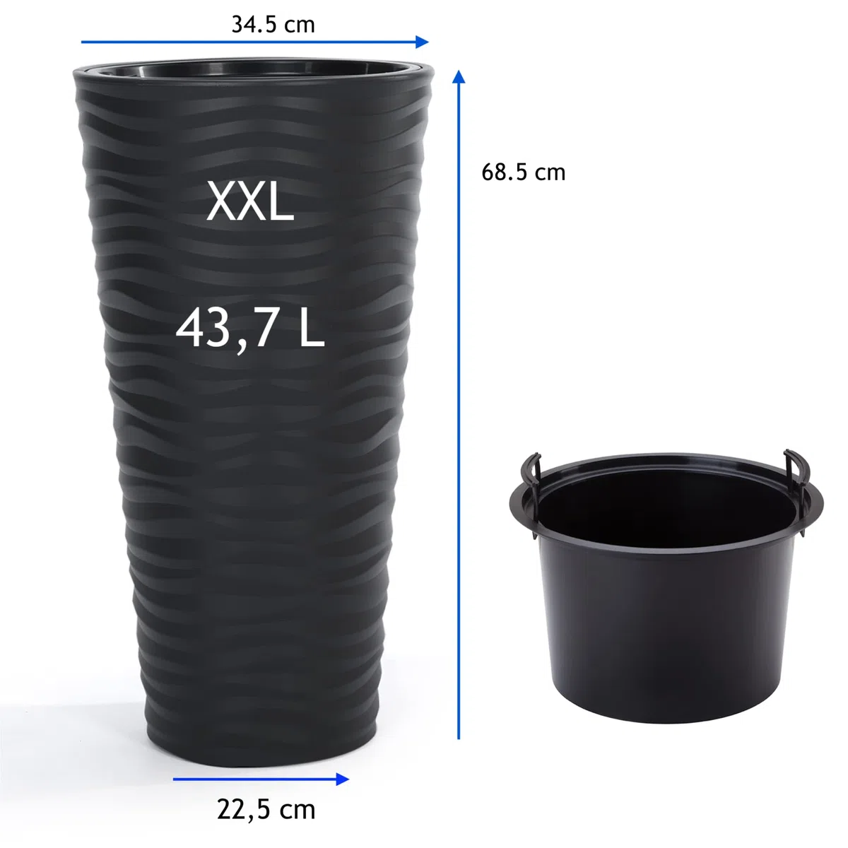 Vaso per piante XXL, forma rotonda allungata, effetto 3D, ondulato, colore: grigio antracite, con inserto rimovibile, diametro x altezza: 35 x 68,5 cm