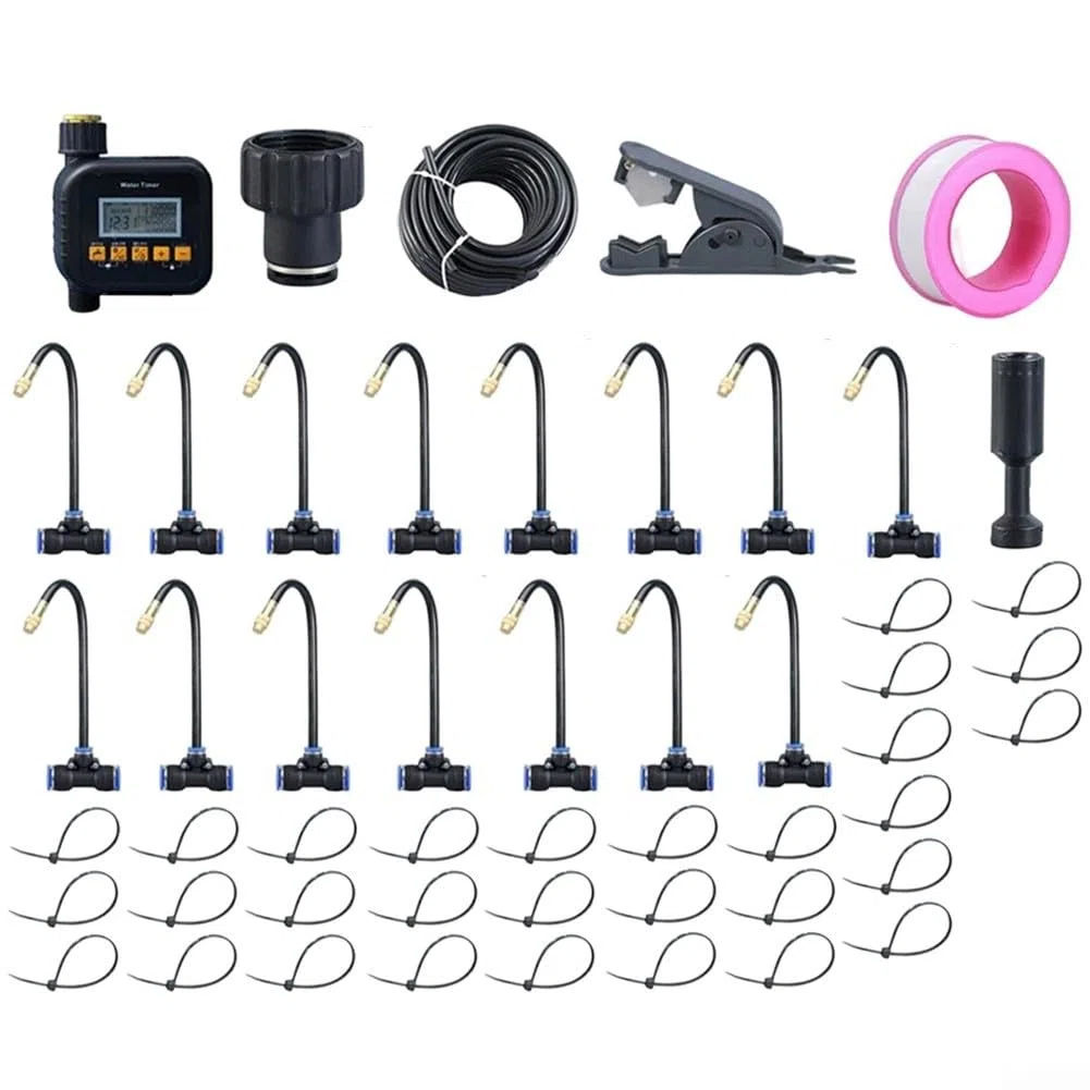 Sistema di irrigazione automatico delle piante con timer per giardino, kit di irrigazione regolabile con ugello spray incluso tubo PE e connettori rapidi per aiuole, set di 5 metri di lunghezza (10 m)