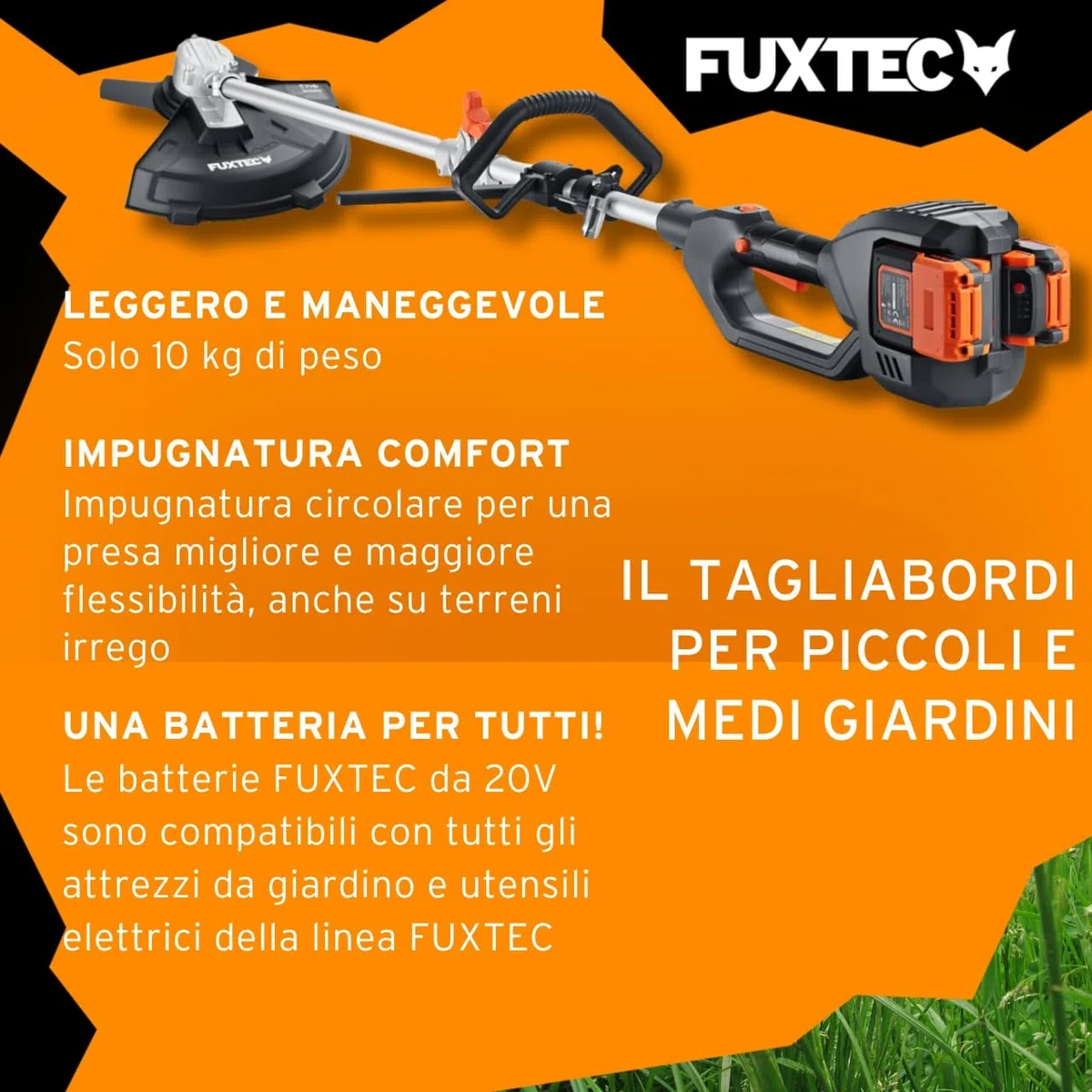 FUXTEC Decespugliatore a Batteria 2x20V FX-E2MSSET - Con 2xBatterie e Doppio Caricatore - Larghezza di Taglio 25,5-35cm, Lama e Filo, 10kg, Fino a 6000 giri/min
