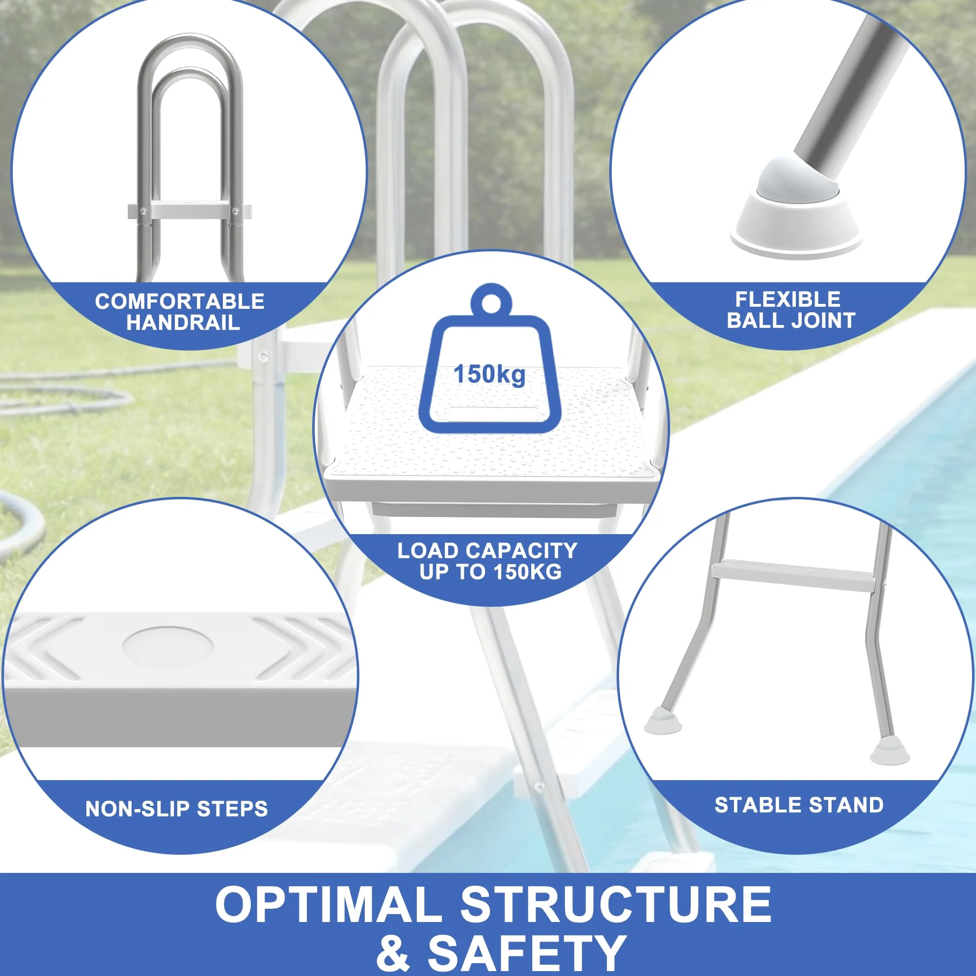 Scala per piscina 3+1 in acciaio inox, con corrimano di sicurezza, gradini in plastica antiscivolo e design con giunto sferico, stabile scala per piscine e piscine fino a 115 cm