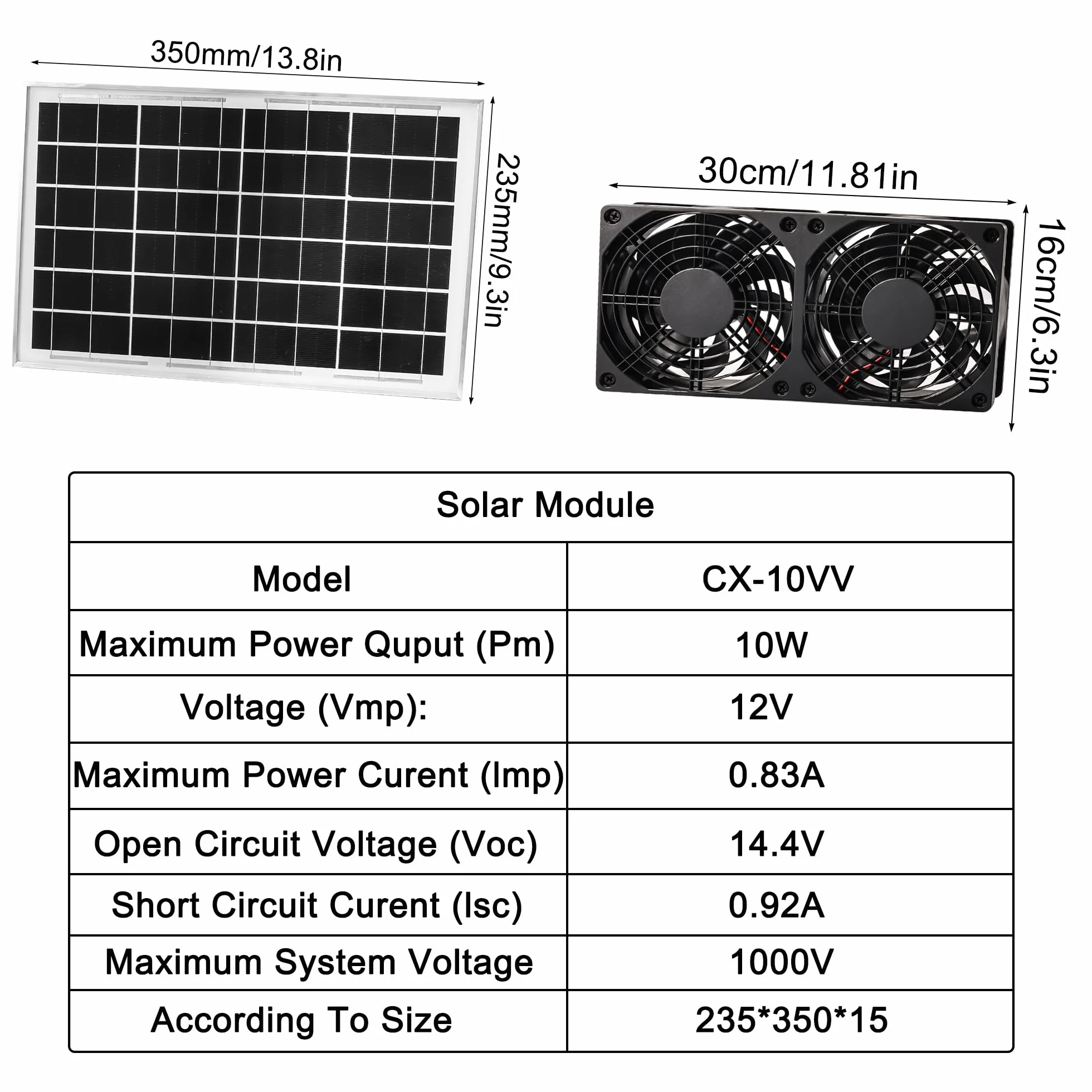 Joycabin Ventilatore solare, modulo solare, kit di ventola, 10 W, ventilatore di scarico solare portatile, per piccoli polli, serre, case per animali domestici, garage, cantina