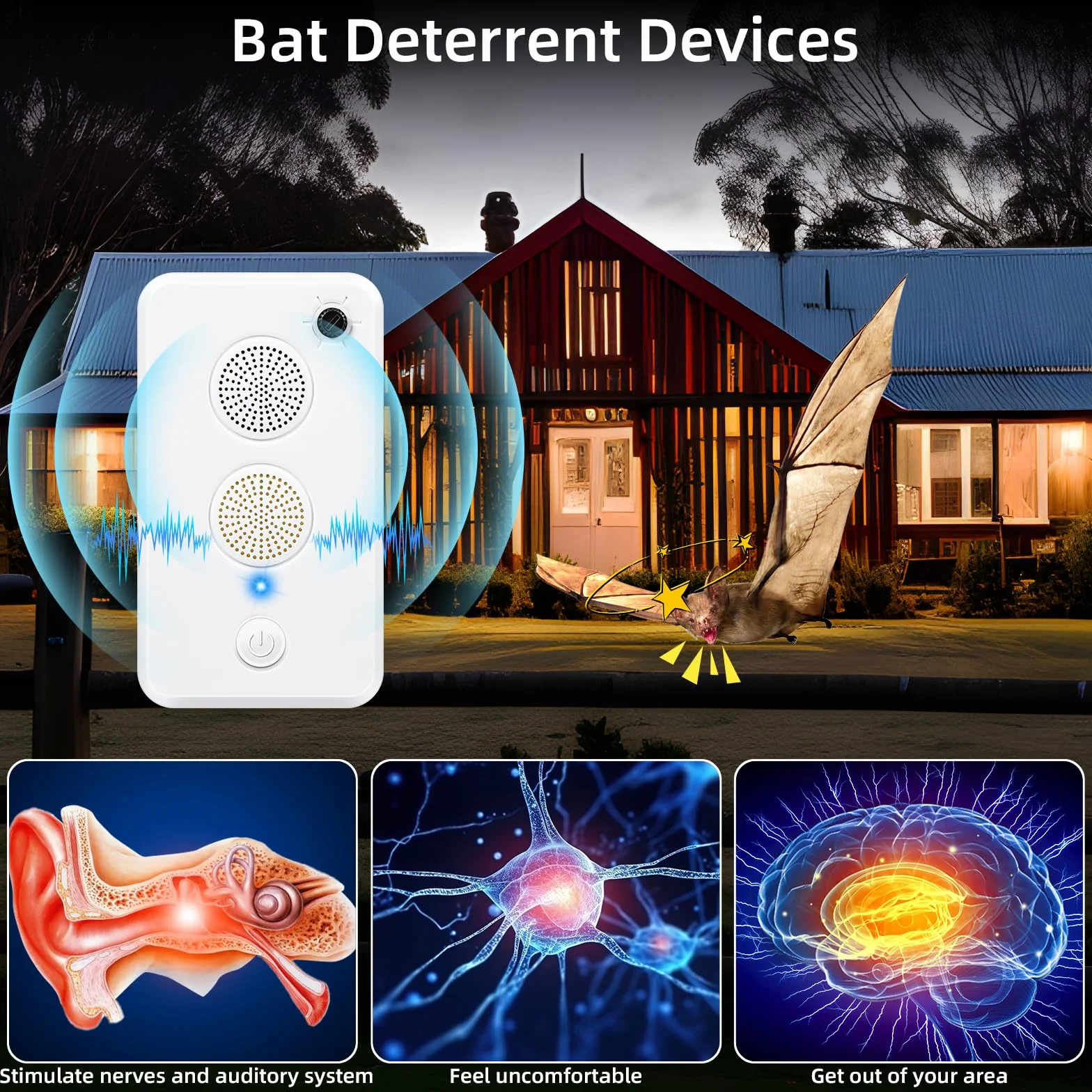 Repellente per pipistrelli a ultrasuoni per portico soffitta, dispositivo deterrente per pipistrelli ricaricabile per uso interno ed esterno, repellente elettronico per uccelli, dispositivo di