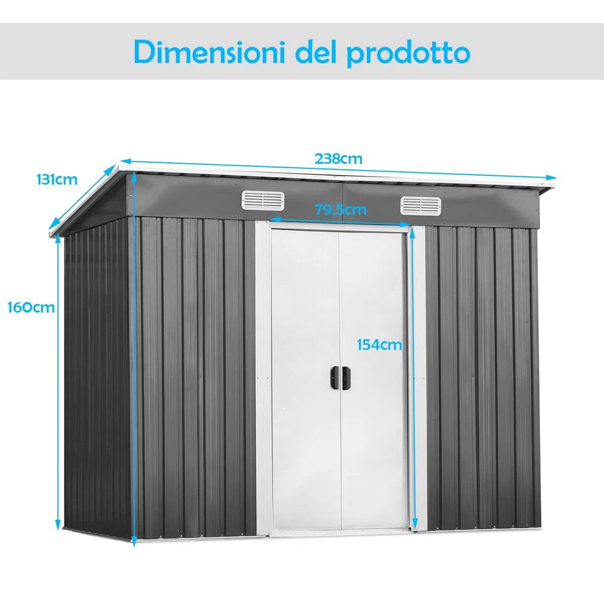 RELAX4LIFE Casetta da Giardino 3,12 m² 5 m³, in Lamiera d'Acciaio e e Lamiera Zincata con2 Porte Scorrevoli, Tetto Inclinato, per Porta Attrezzi, Tosaerba 238×131×160cm