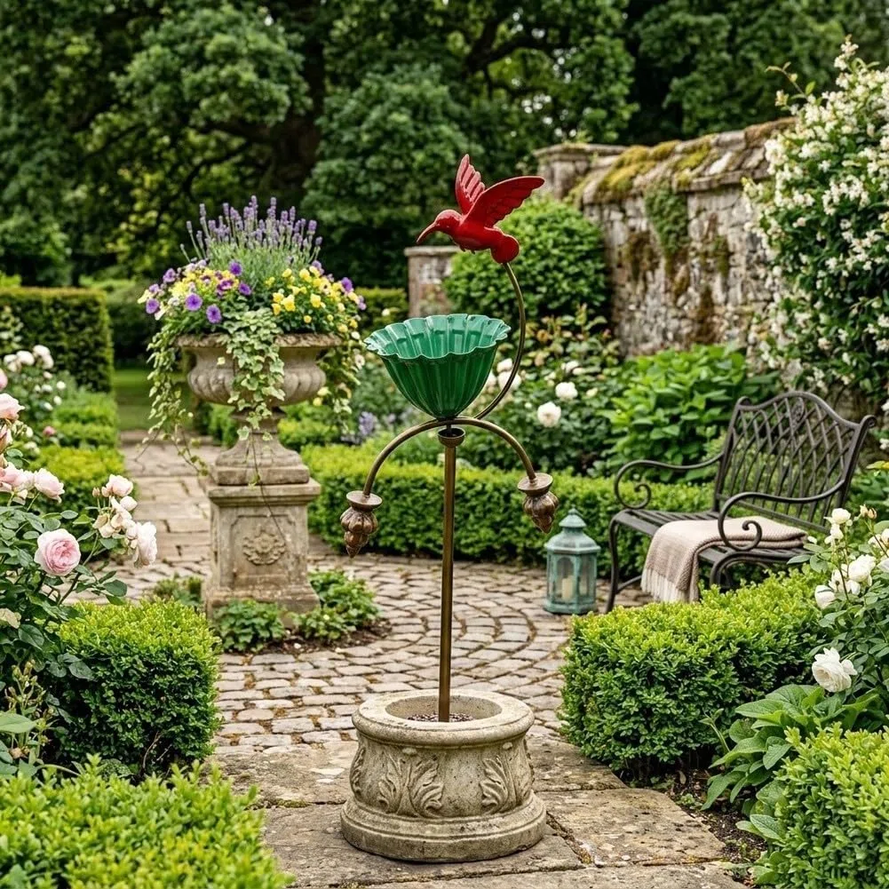 Elegante mangiatoia per uccelli in metallo con ciotola per fiori Red Hummingbird Feeder e Abbeveratoio per uccelli per esterni Decorazione da giardino Robusto palo in ferro battuto verde e