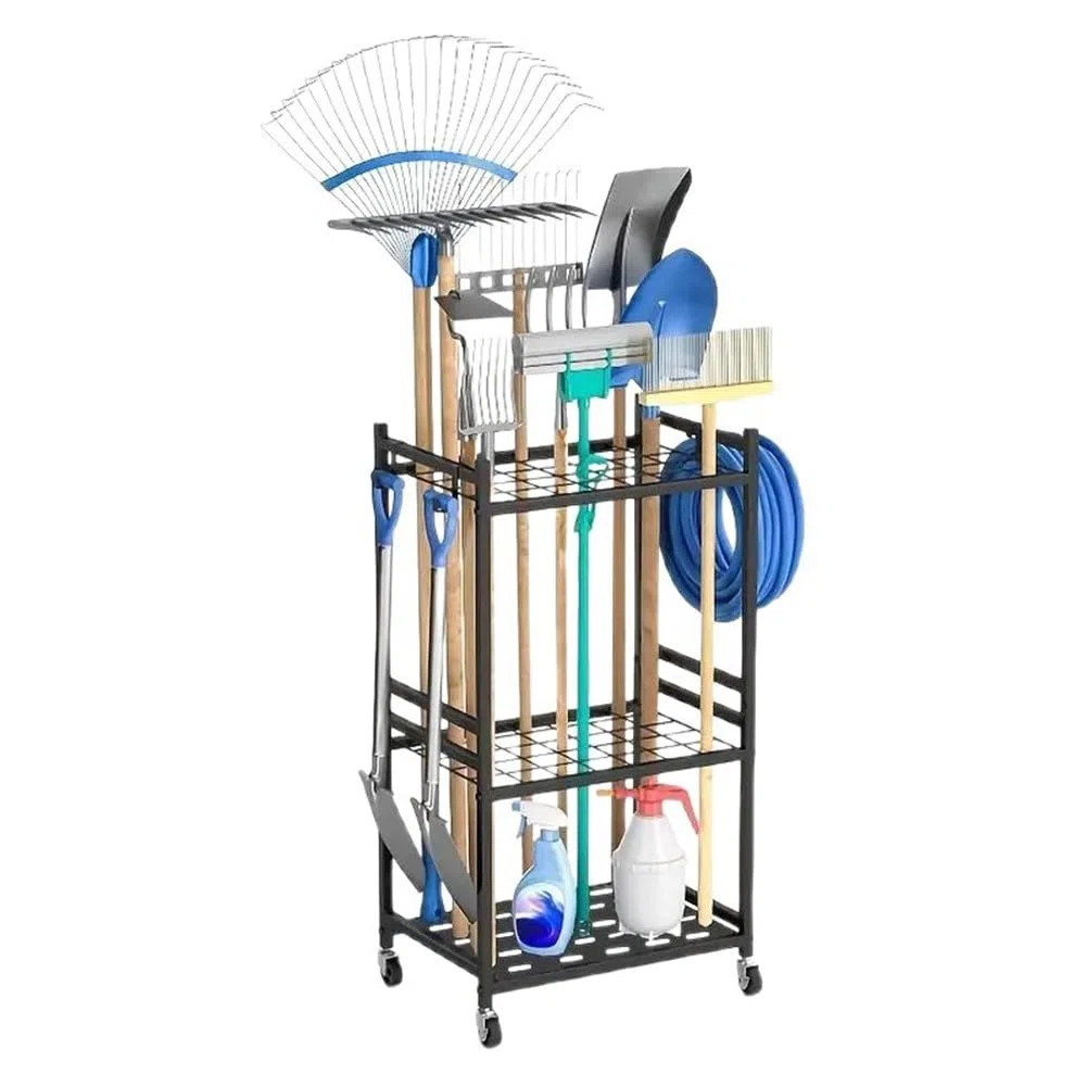 Scaffale da giardino, supporto in metallo per garage e organizzazione esterna, salvaspazio, pale, rastrelli, tubi, nero, 80 x 30 x 40 cm