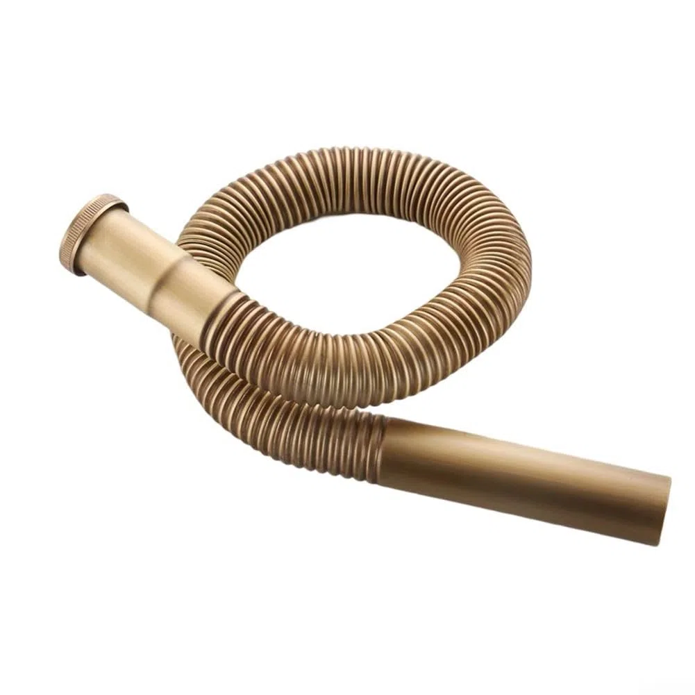 Sifone flessibile in ottone, DN30, tubo di scarico standard per lavello/vasca da bagno (connettori doppi da 32-30 mm), lunghezza regolabile 80 cm, finitura in ottone antico, previene l'accumulo di