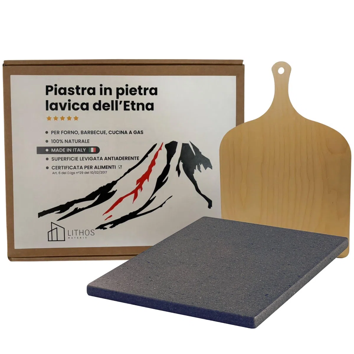 PROMO LITHOS MATERIE Kit Piastra in Pietra Lavica dell'Etna con Pala, 39 x 30 cm, spessore 2cm, levigata liscia