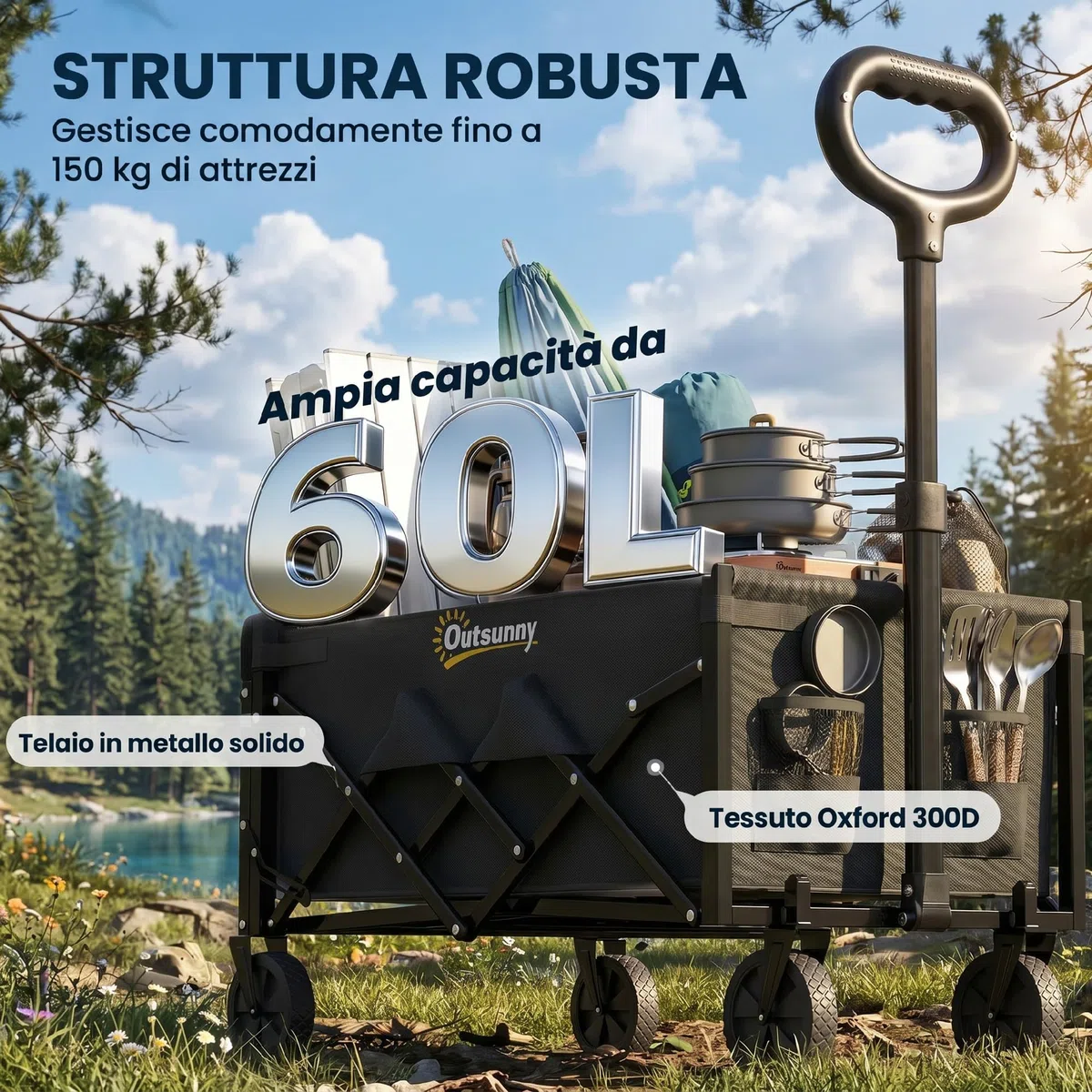 Outsunny Carrello da Giardino Pieghevole 60L, Carrello da Campeggio Portatile con Porta Frontale Apribile, Manico Regolabile e Supporto per Bicchieri, Ideale per Picnic, Pesca e Giardino, Nero