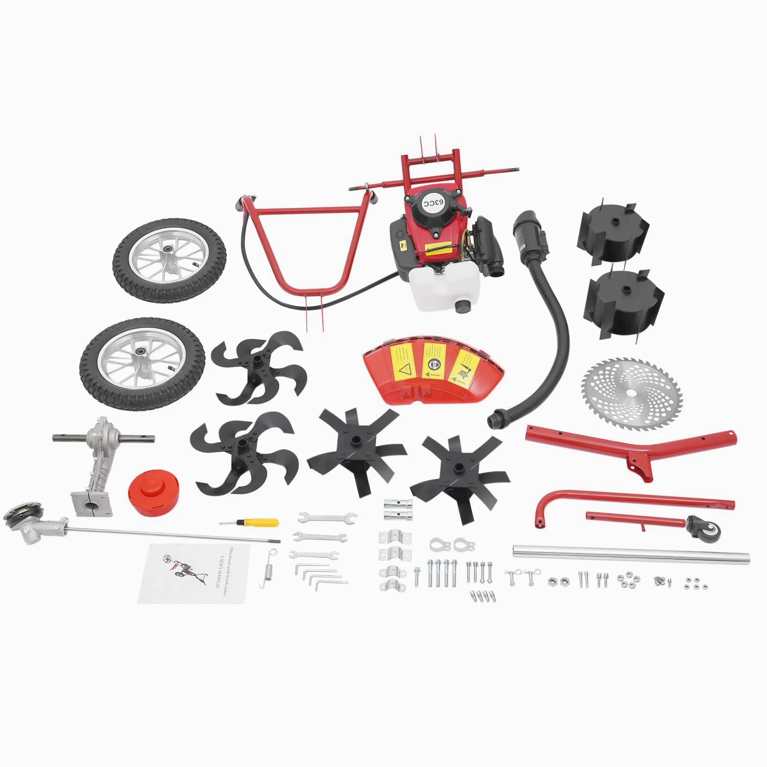 Motozappa a benzina 63 cc, 4 tempi, 4 CV, motozappa da giardino, coltivatore, fresa per terreno, con ruote, motozappa per la lavorazione del suolo, profondità di coltivazione di 10 cm, avviamento a