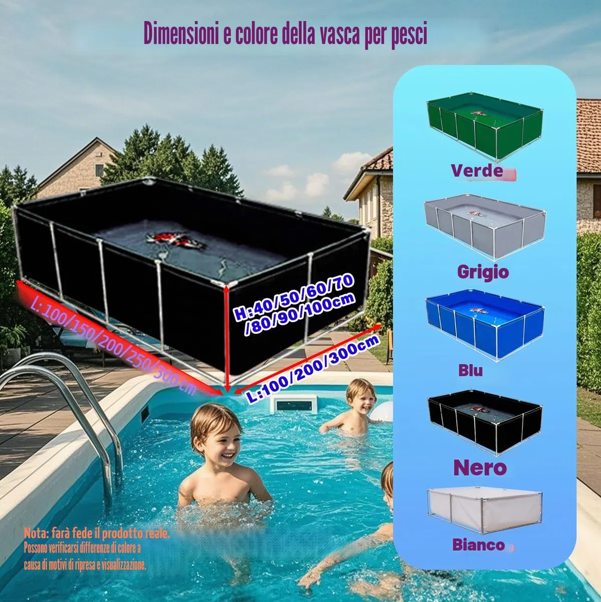 Grande piscina rettangolare con cornice, struttura in acciaio fuori terra, piscina da giardino per famiglie e bambini, capacità, facile da montare, telaio in metallo resistente, include toppa di