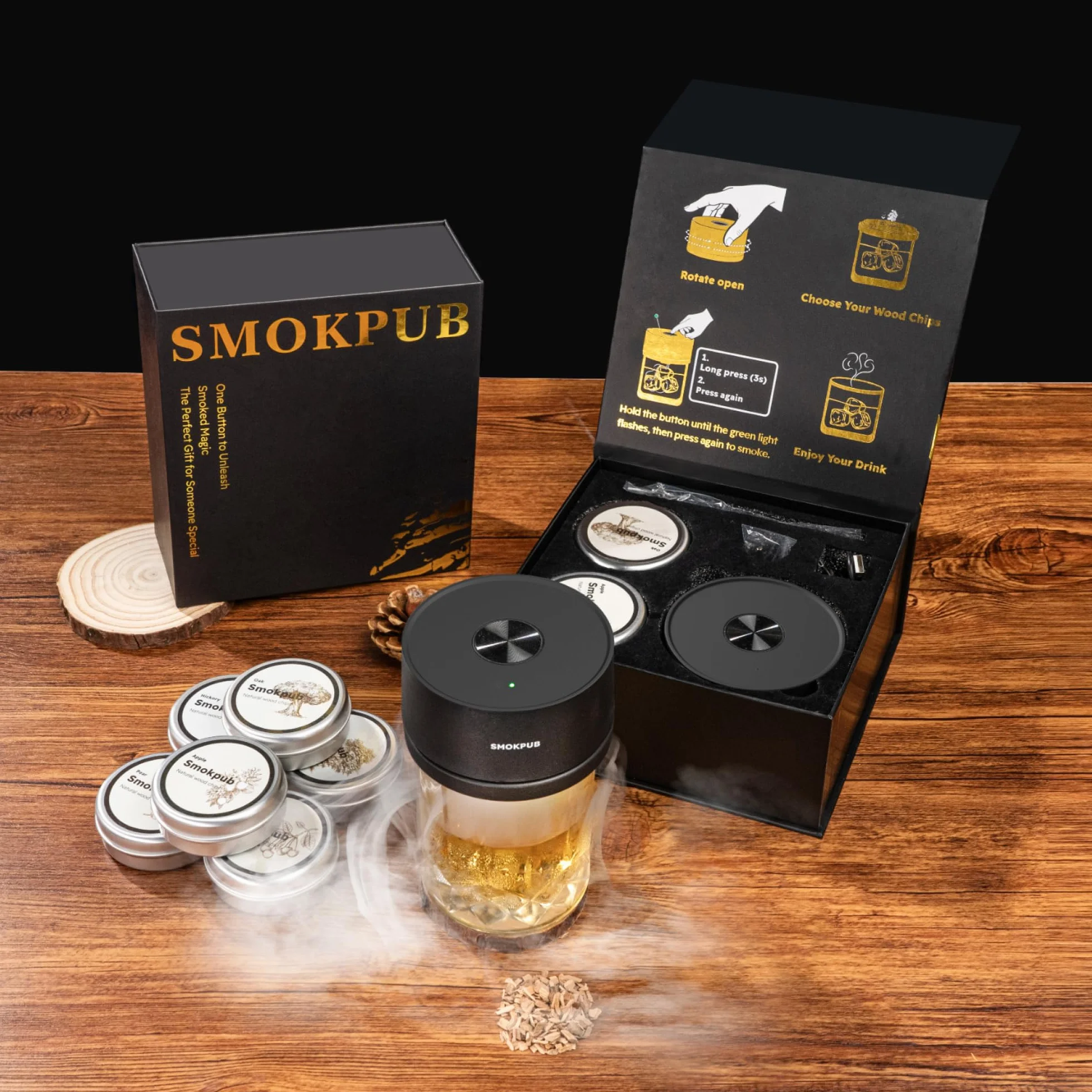 Kit fumatore di whisky elettrico con 6 chip di legno, kit affumicatore da cocktail ricaricabile, accendino integrato, non necessita di butano, compleanno, Natale, anniversario, regalo di whisky