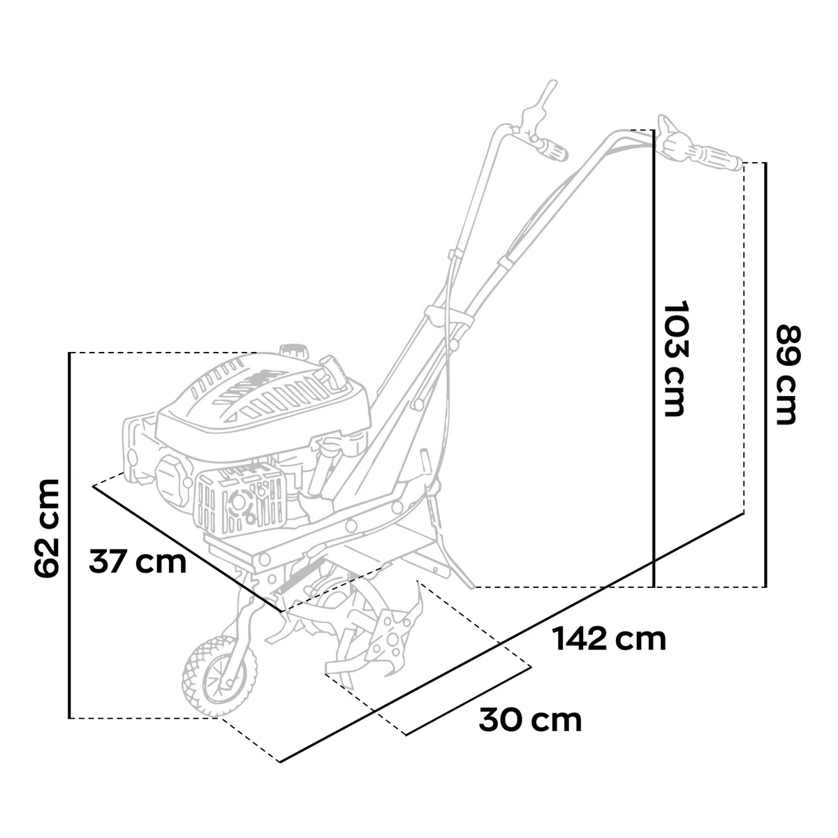 Boudech Tukang 140 - Motozappa per Orto a Scoppio a Benzina 4 tempi 2.5HP Motore 140cc con 4 Frese Ø30 cm 16 lame Larghezza di lavoro 37 cm Profondità di lavoro 30 cm