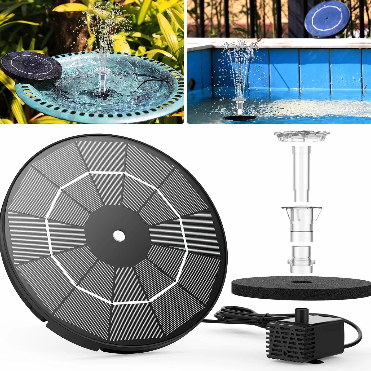 AISITIN Fontana Solare da Giardino Esterno 2 in 1 Fai da Te con Pannello Solare 3,5W Rimovibile, Pompa ad Energia Solare con 6 Effetti e Supporto Fisso – Ideale per Stagno,Bagno per uccelli,Giardino