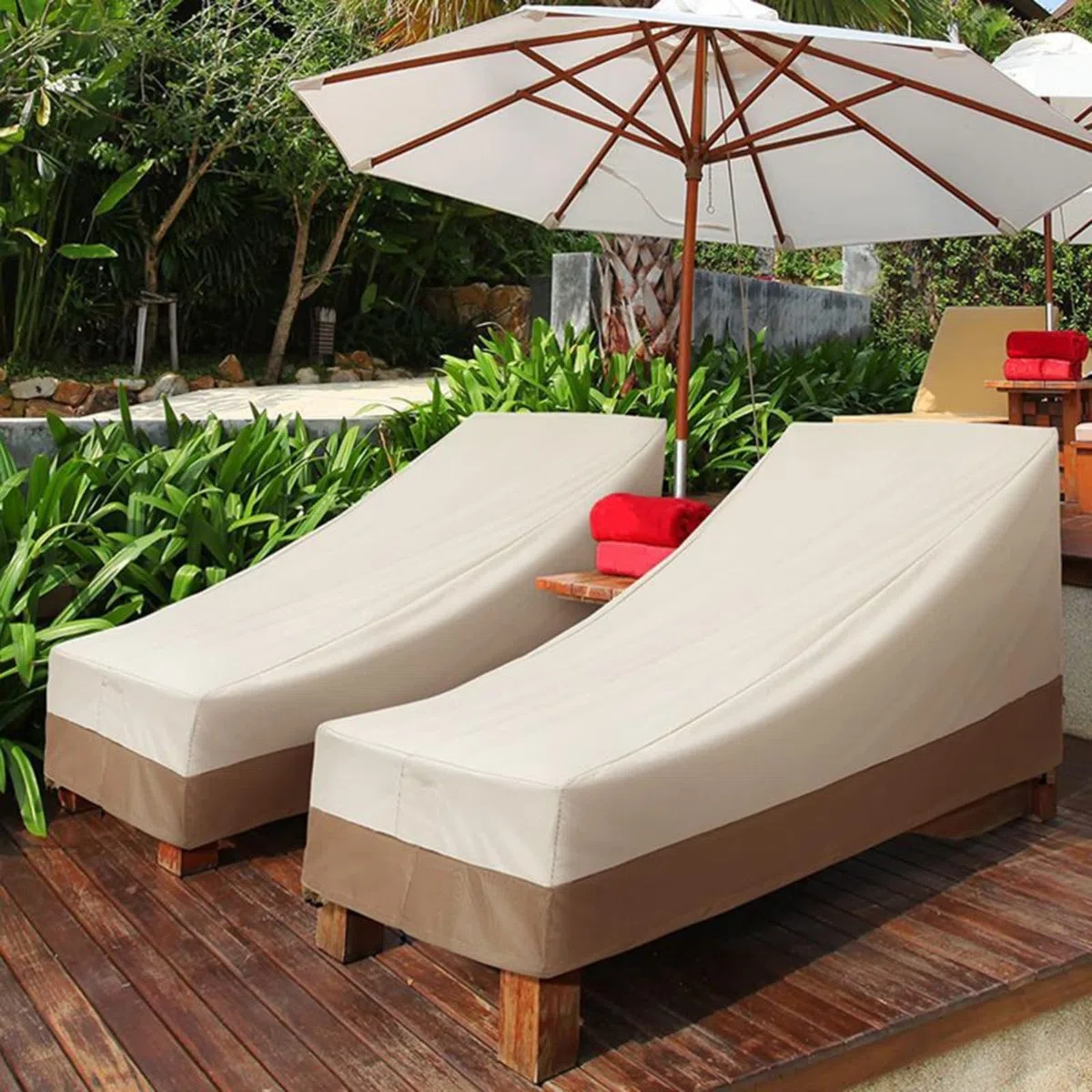 KiraKira Copertura per chaise longue da esterno, in tessuto impermeabile resistente, con prese d'aria, per mobili da giardino per patio, facile da riporre, beige, caffè, 208 x 76 x 79 cm