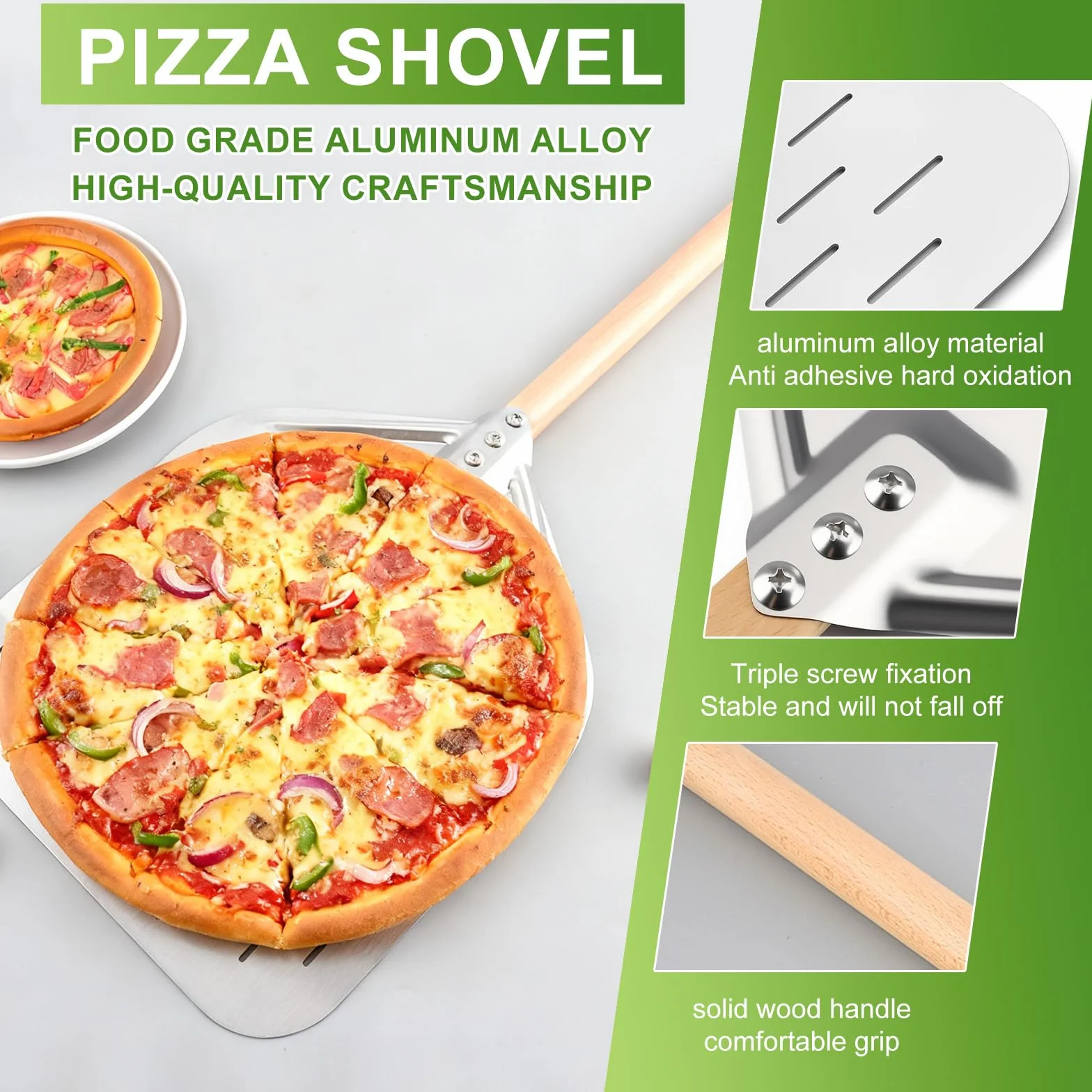 Pala per Pizza 12 Pollici, Pala per Pizza Forata in Alluminio con Manico in Legno Rimovibile, per Barbecue a Gas, Barbecue e Forno, per Riporre Facilmente La Pizza Grande (40 x 30 cm)