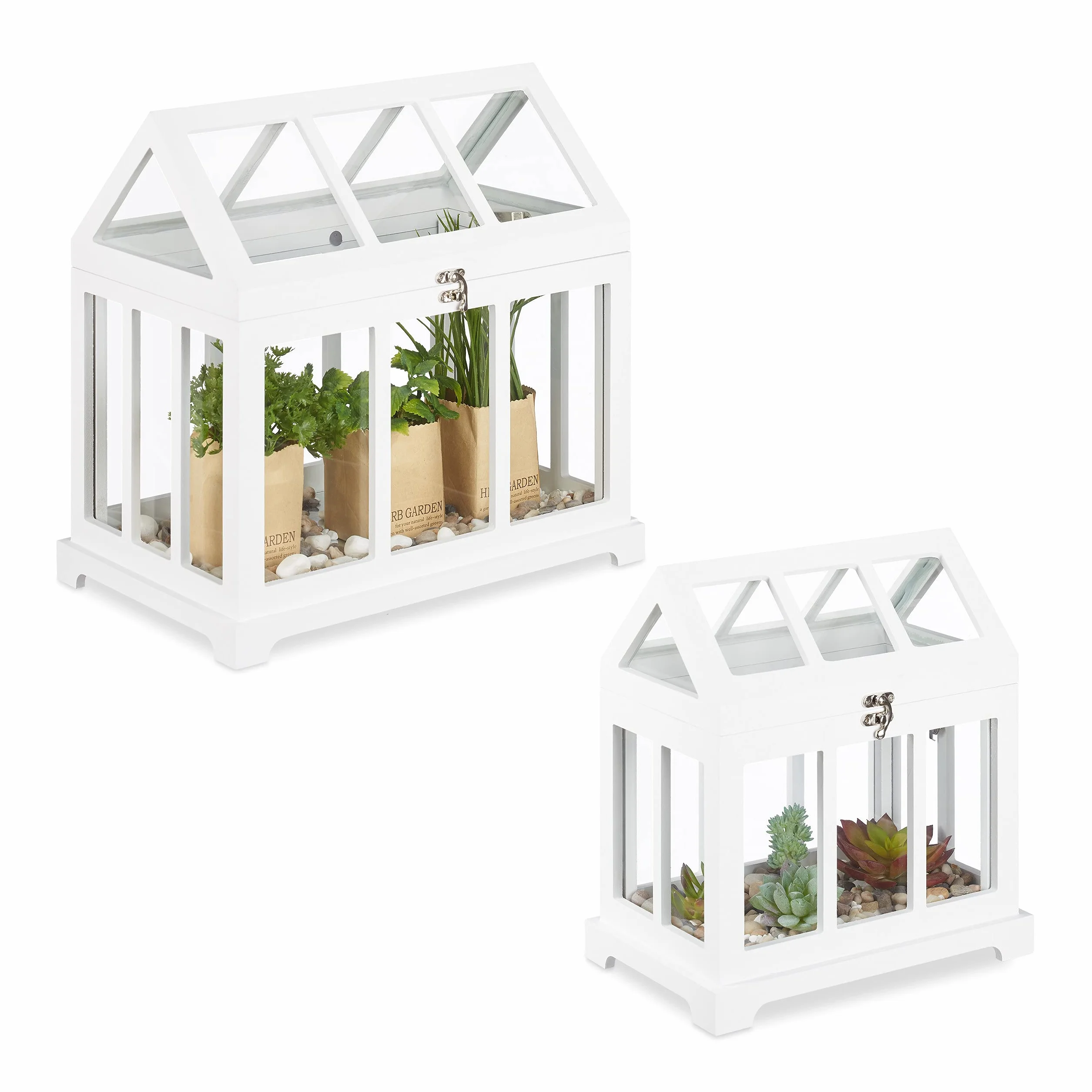Relaxdays Set 2 Mini Serre da Interni, Legno MDF e Vetro Temperato, 2 Dimensioni, Shabby Chic, anche Decorative, Bianco