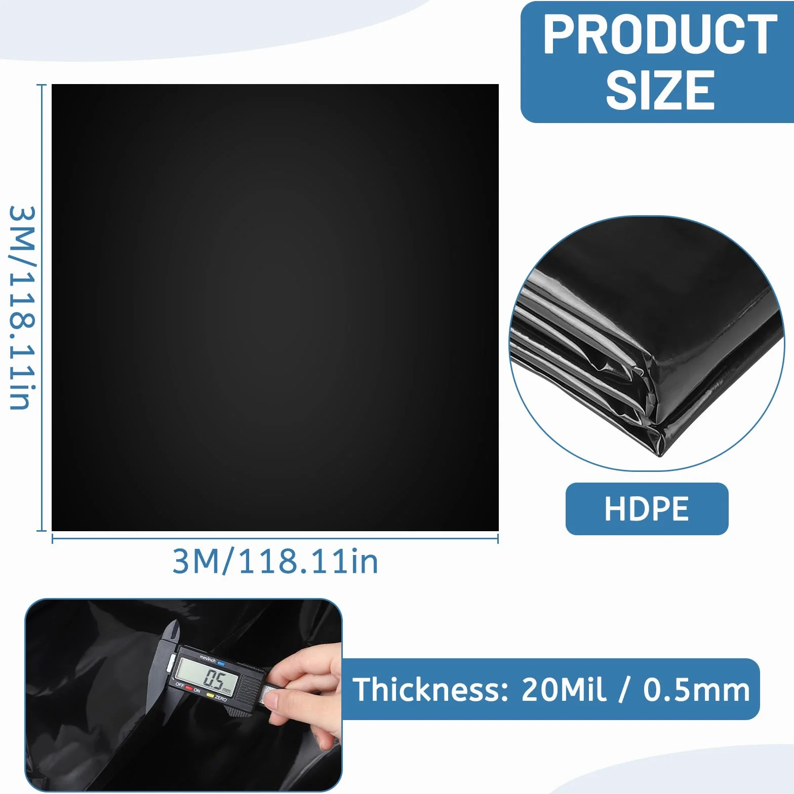 DBREAKS Pellicola per Laghetto in HDPE 3x3m, Nero, 0.5mm Spessore, Resistente ai UV, Flessibile per Giardino, Stagni, Fontane & Cascate