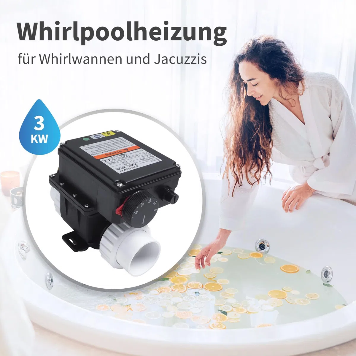 AQUADE Riscaldatore elettrico idromassaggio da 3 kW - Scaldacqua istantaneo per spa, vasca idromassaggio esterno e piccole piscine fino a 1280L - Scaldabagno con termostato e protezione contro il