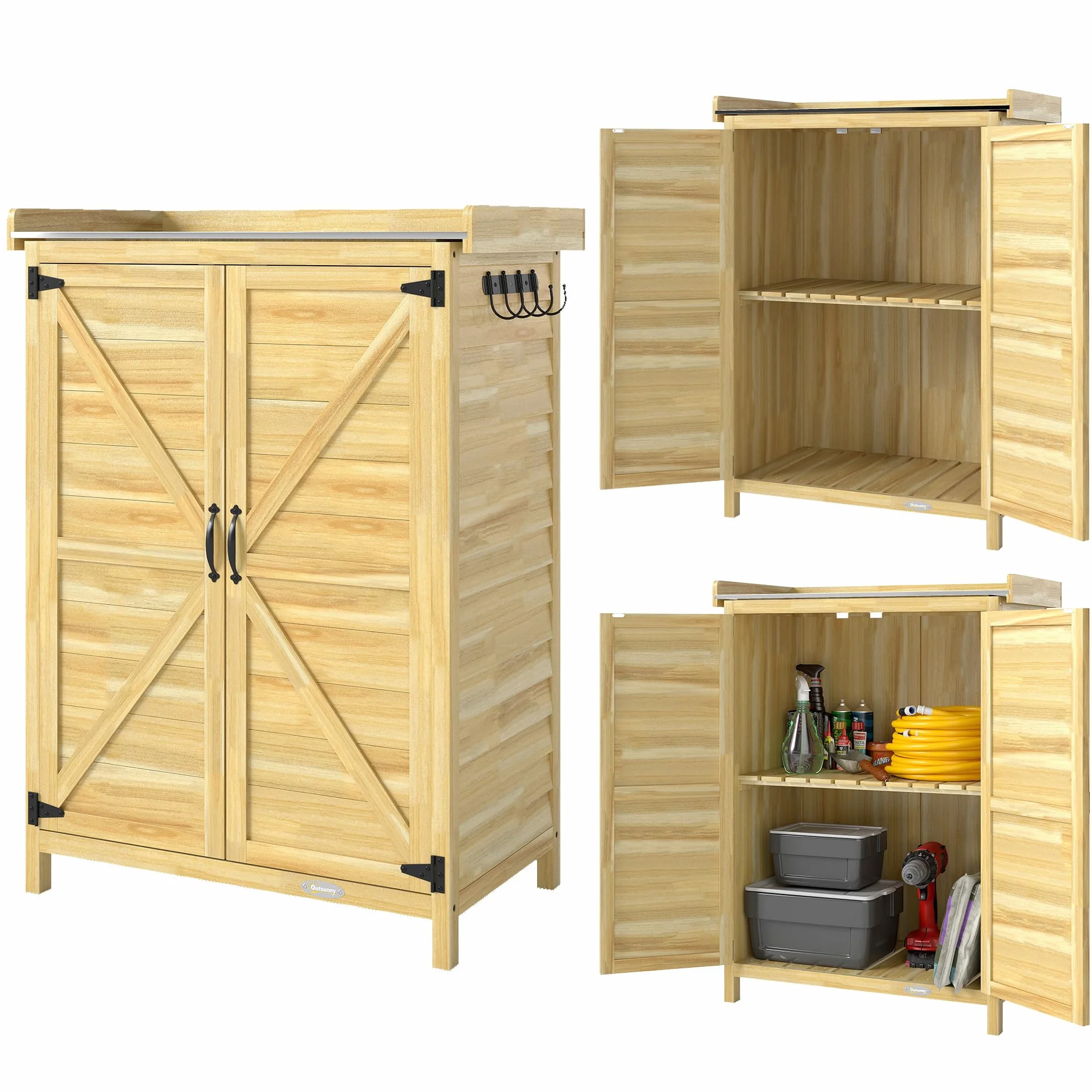 Outsunny Casetta da Giardino in Legno di Abete con Ripiani e Ganci Laterali, Armadio da Giardino con Doppia Porta e Piano di Lavoro in Acciao Zincato per Terrazza Patio, 71.5x39x95cm, Naturale