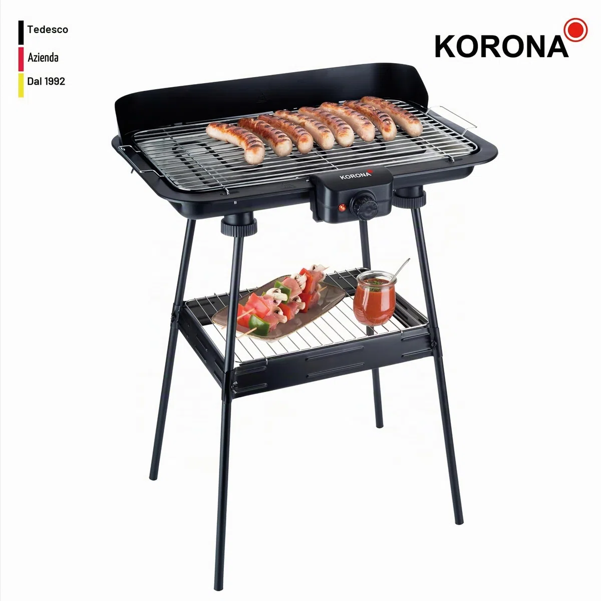 Korona 46221 - Barbecue elettrico con griglia XXL (51 x 30 cm), 2200 Watt, antivento, spia di controllo, interruttore di sicurezza, regolazione continua della temperatura