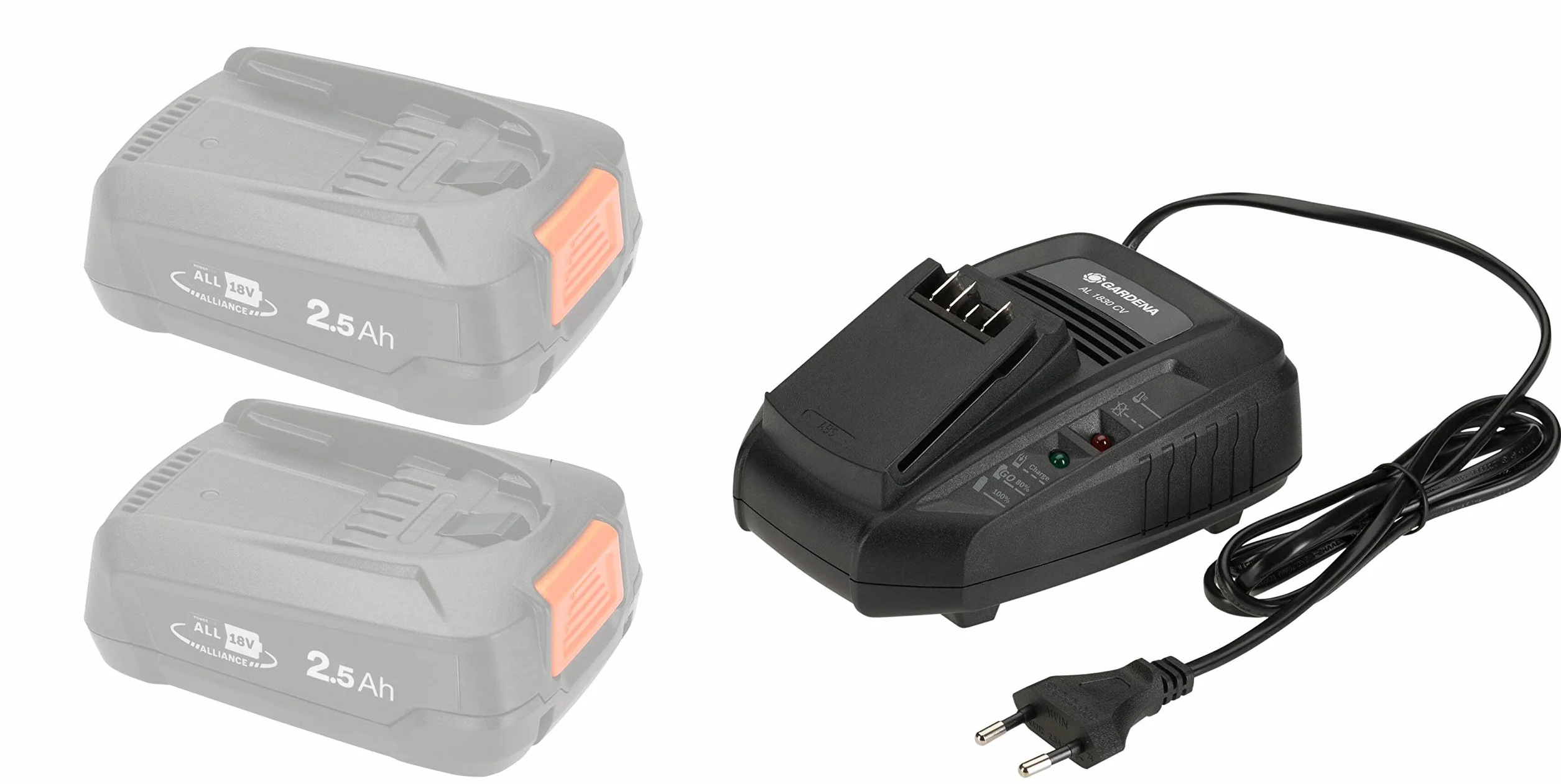 GARDENA Caricabatterie rapido AL 1830 CV: per tutte le batterie 18V POWER FOR ALL, per la batteria da 2,5Ah il tempo di ricarica è di 60 min., con display a LED per stato di carica batteria (14901-20)