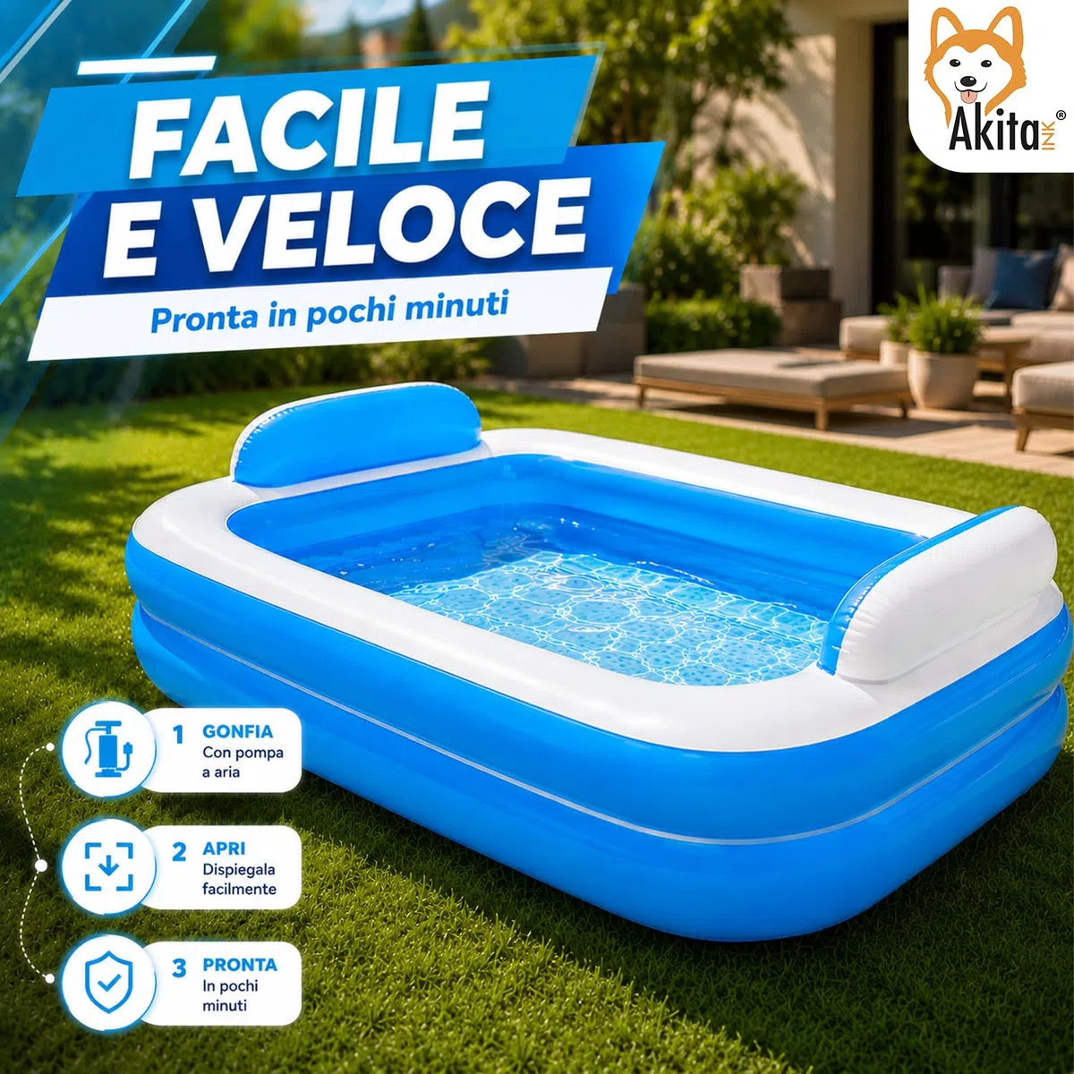 Akitaink Piscina Gonfiabile Rettangolare 200x150x50 cm con Cuscini Integrati, in Vinile Resistente PVC, Azzurro e Bianco, per Bambini dai 3 Anni, da Giardino